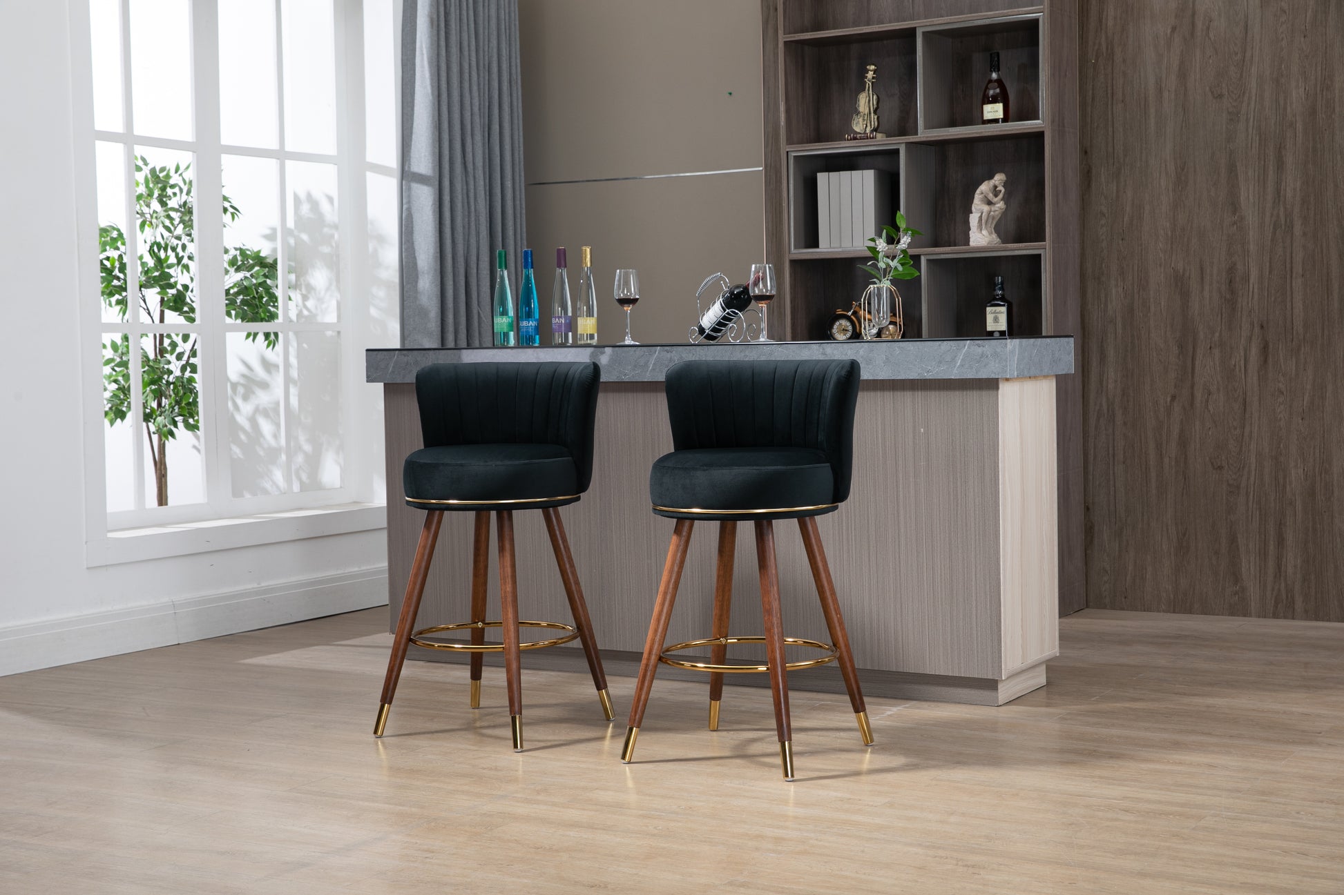 Coolmore Counter Height Bar Stools Set Of 2 For Kitchen Counter Solid Wood Legs With A Fixed Height Of 360 Degrees Black Solid Wood