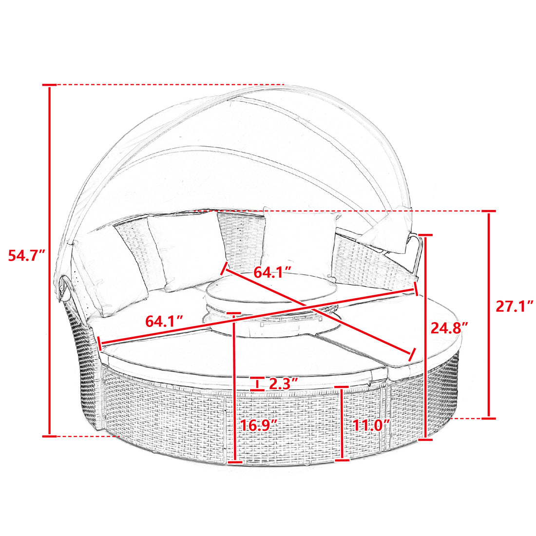 Kd Rattan Round Lounge With Canopy Bali Canopy Bed Outdoor, Wicker Outdoor Sofa Bed With Lift Coffee Table Beige Cotton Steel