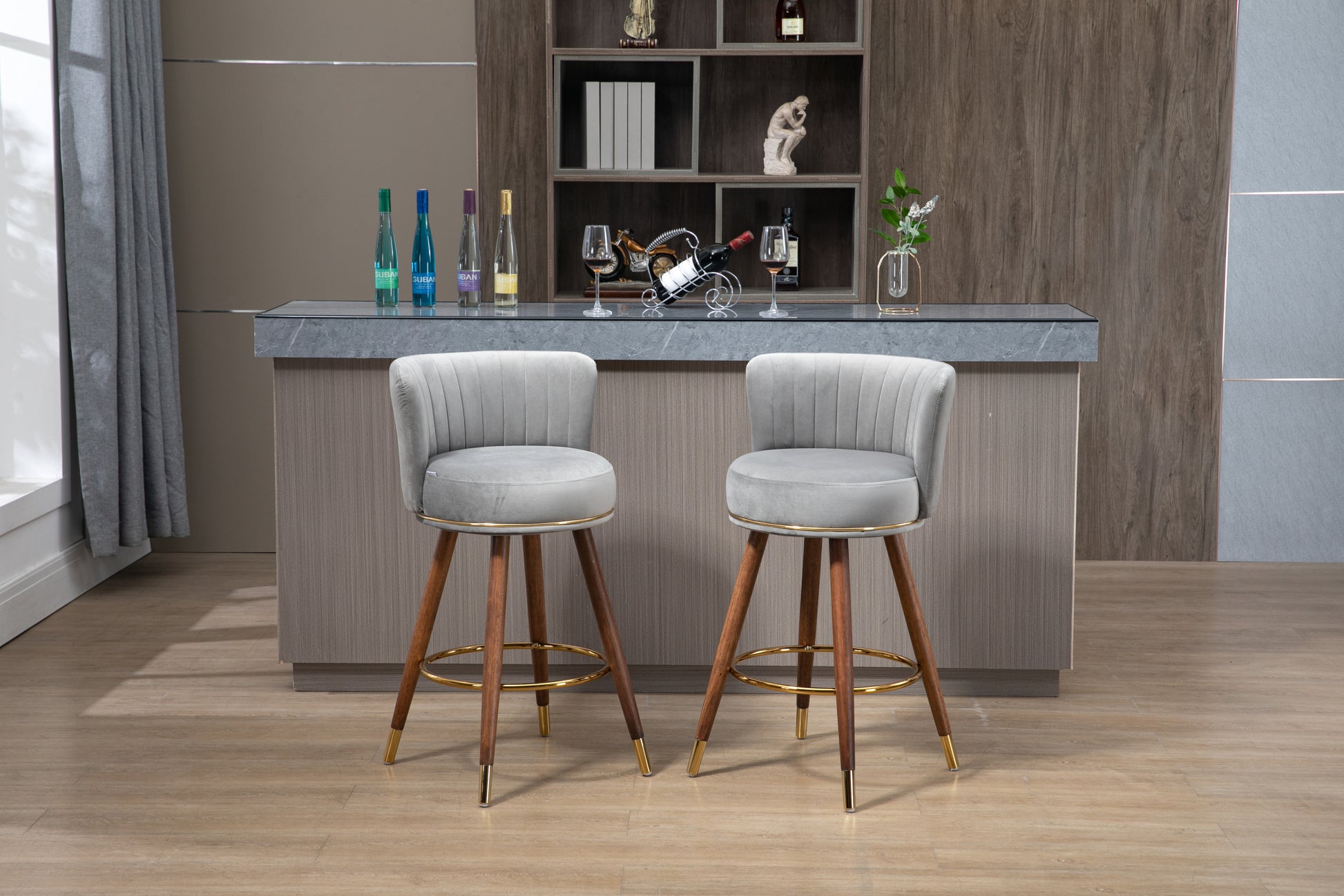 Coolmore Counter Height Bar Stools Set Of 2 For Kitchen Counter Solid Wood Legs With A Fixed Height Of 360 Degrees Gray Solid Wood