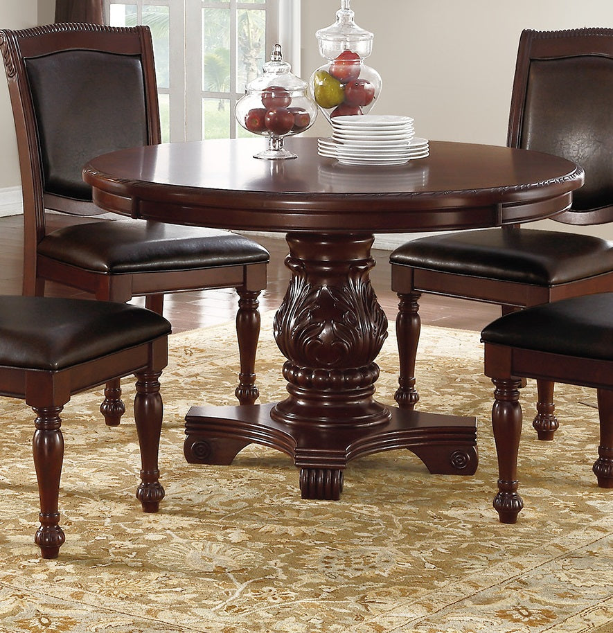 Classic Formal Dining Room Table And 4X Side Chairs Brown 5Pc Set Dining Table Pedestal Base Antique Round Table Faux Leather Upholstered Chair Brown Wood Dining Room Solid Wood Rubberwood Round Dining Table With Chair Wood Wood Brown Solid Back Seats 4