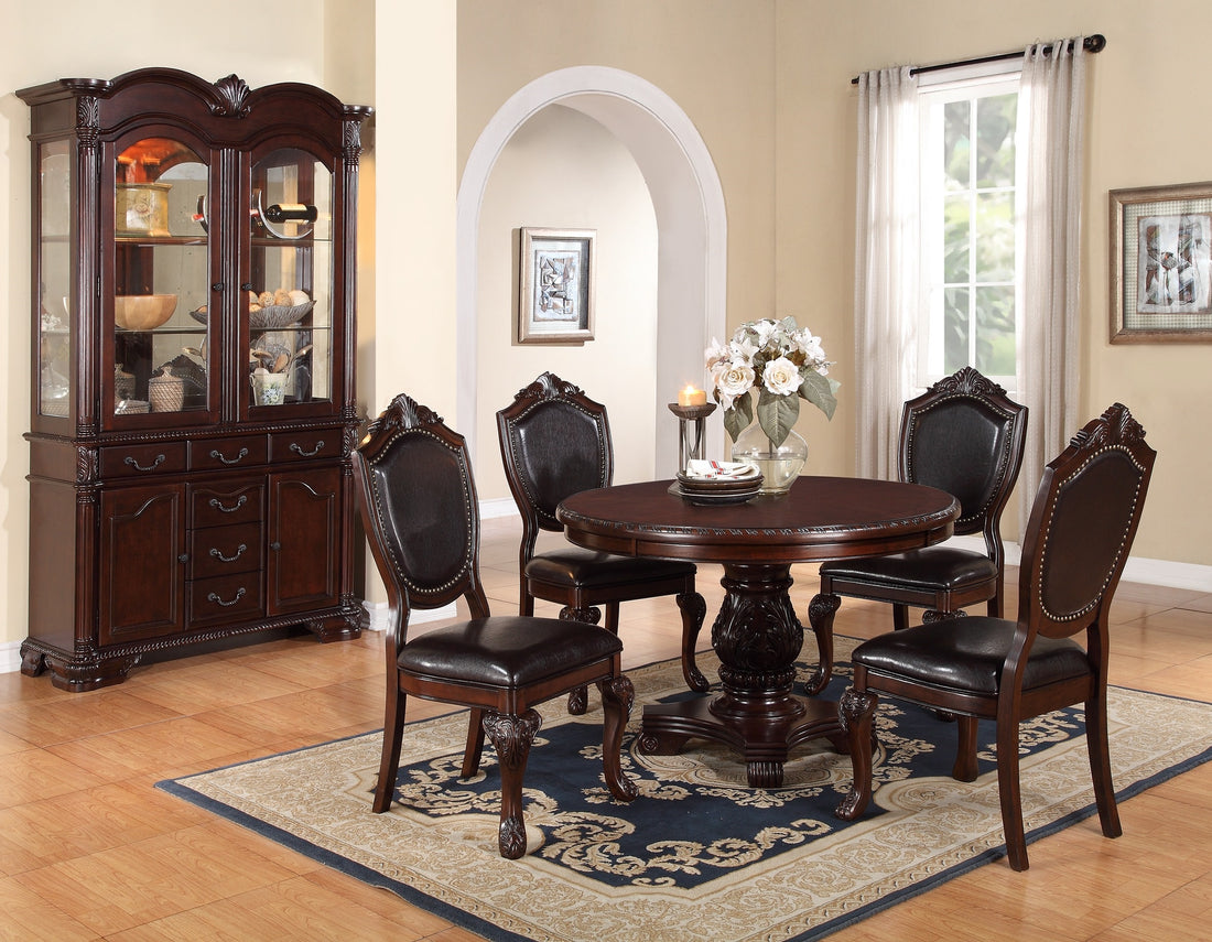 Classic Formal Dining Room Table And 4X Side Chairs Brown 5Pc Set Dining Table Pedestal Base Antique Round Table Faux Leather Upholstered Chair Brown Wood Dining Room Solid Wood Rubberwood Round Dining Table With Chair Wood Wood Brown Solid Back Seats 4