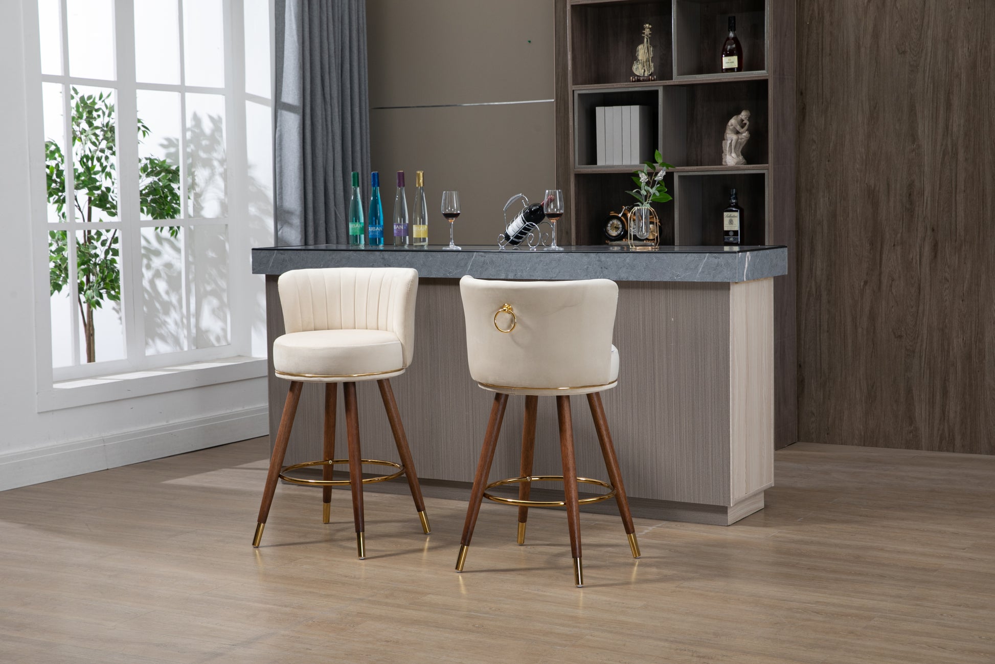 Coolmore Counter Height Bar Stools Set Of 2 For Kitchen Counter Solid Wood Legs With A Fixed Height Of 360 Degrees Ivory Solid Wood