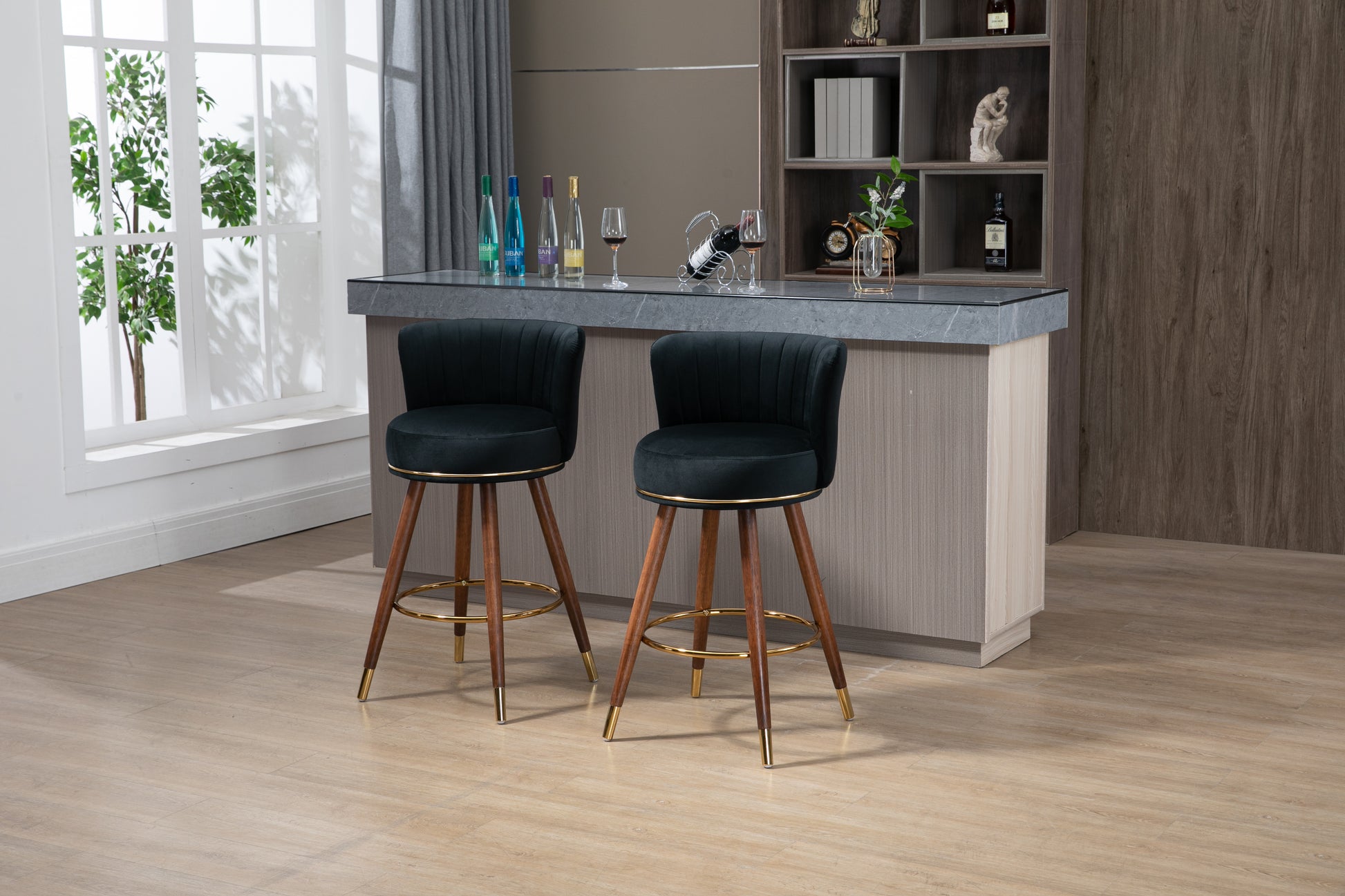 Coolmore Counter Height Bar Stools Set Of 2 For Kitchen Counter Solid Wood Legs With A Fixed Height Of 360 Degrees Black Solid Wood