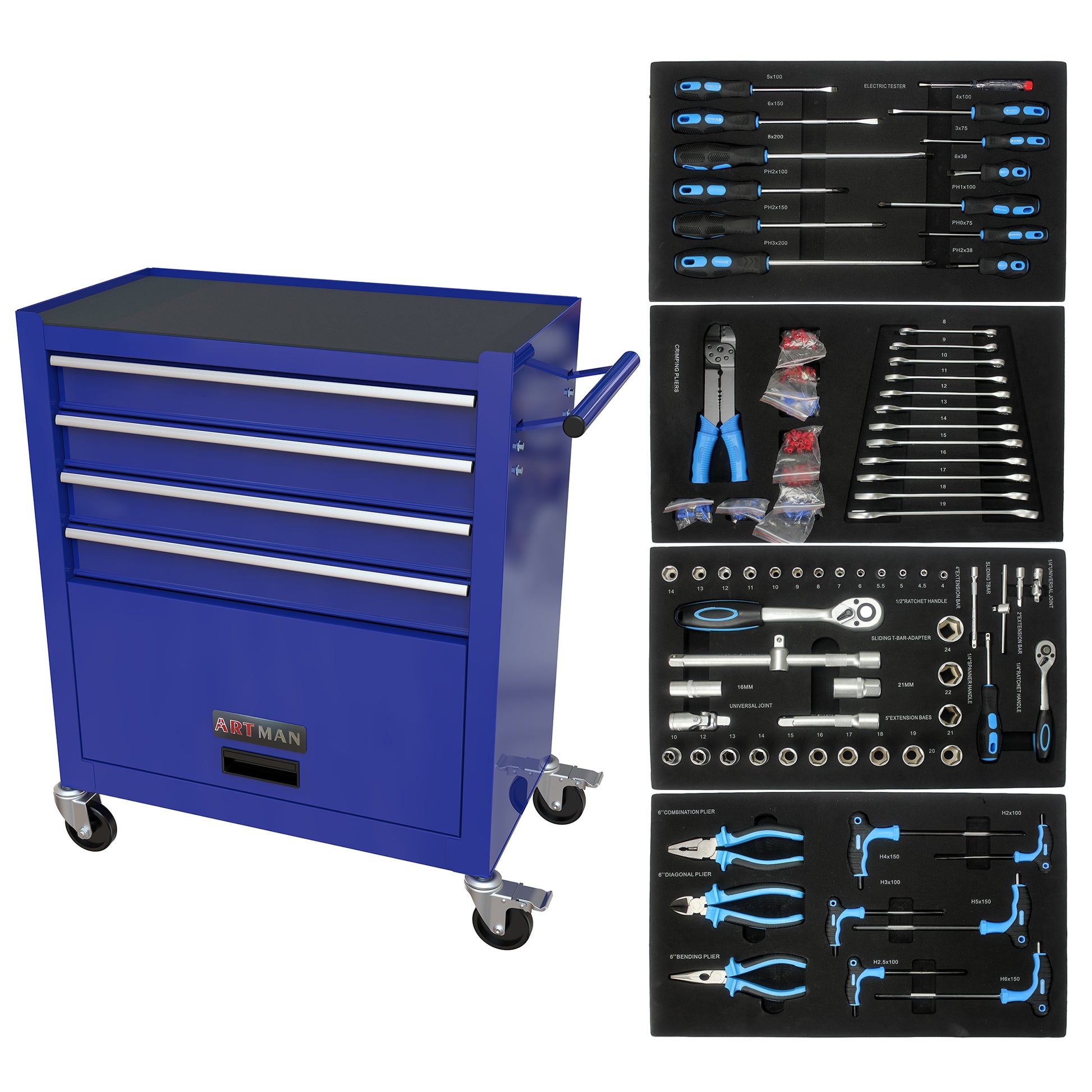 4 Drawers Tool Cabinet With Tool Sets Blue Blue Steel