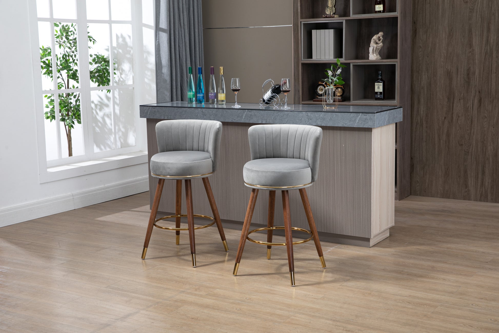 Coolmore Counter Height Bar Stools Set Of 2 For Kitchen Counter Solid Wood Legs With A Fixed Height Of 360 Degrees Gray Solid Wood