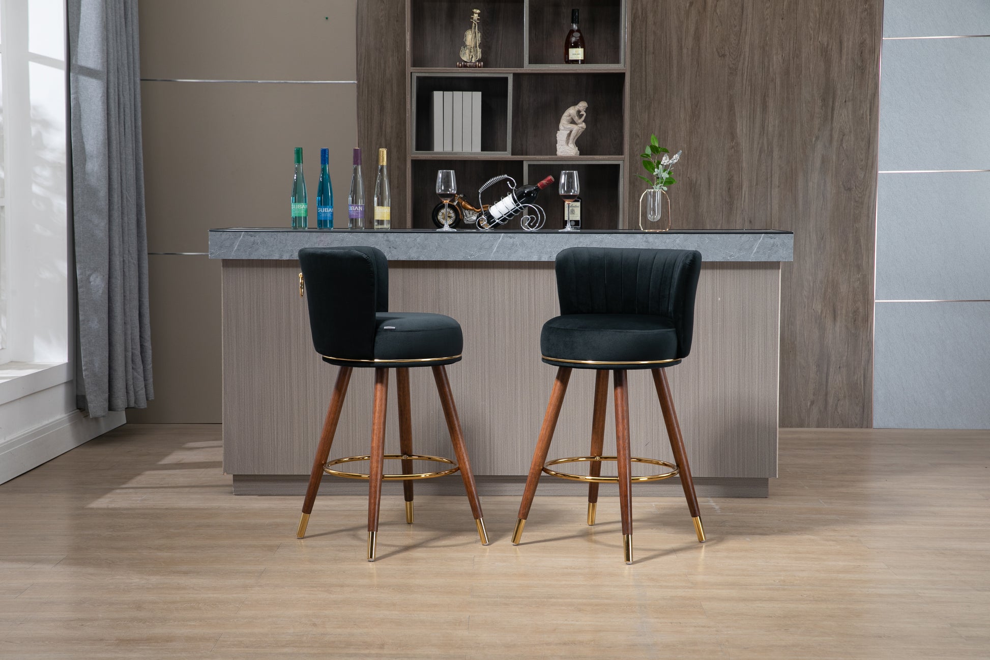 Coolmore Counter Height Bar Stools Set Of 2 For Kitchen Counter Solid Wood Legs With A Fixed Height Of 360 Degrees Black Solid Wood