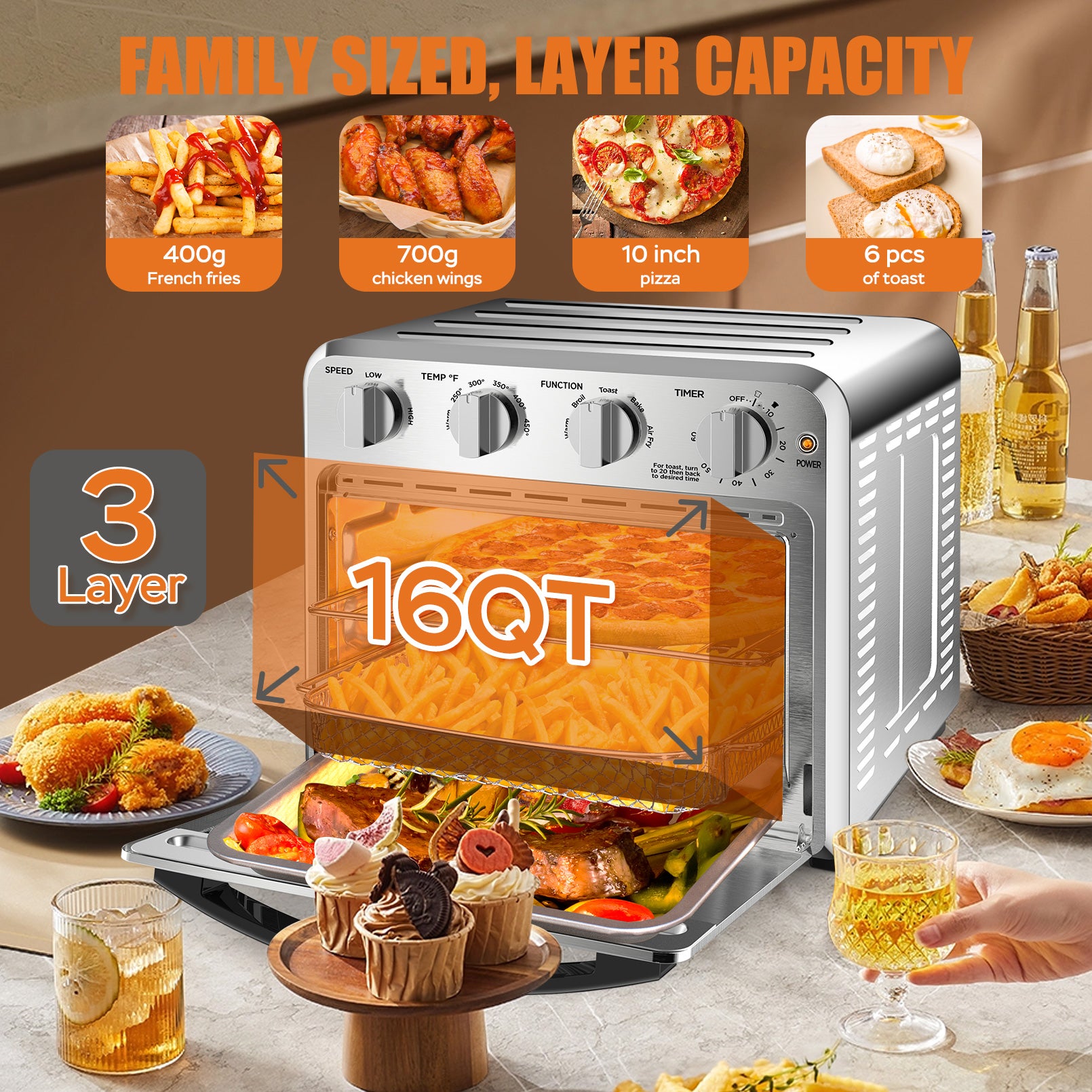 Geek Chef Air Fryer Toaster Oven Combo, 4 Slice Toaster Convection Oven Warm, Broil, Toast, Bake, Oil Free, Accessories Included, Stainless Steel, Silver 16Qt Air Fryer Oven Ban On , Temu Silver Stainless Steel