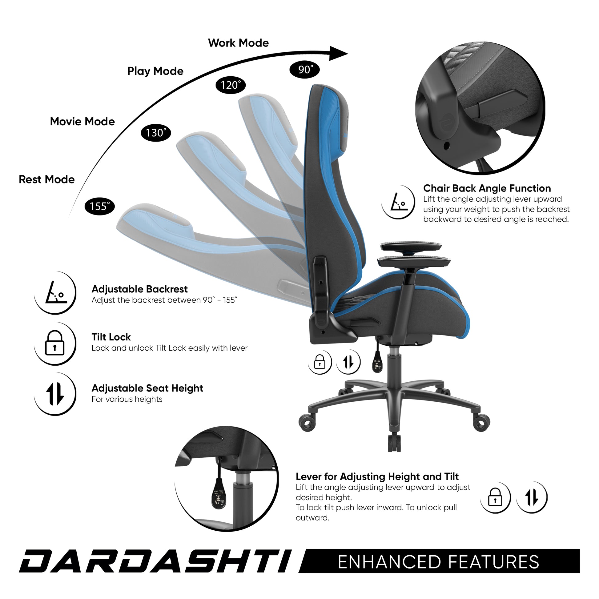 Next Gen Ergonomic Gaming Chair, 8 Way Adjustable Arm Rest, Multi Tilt, Steel Frame In Blue Blue Foam