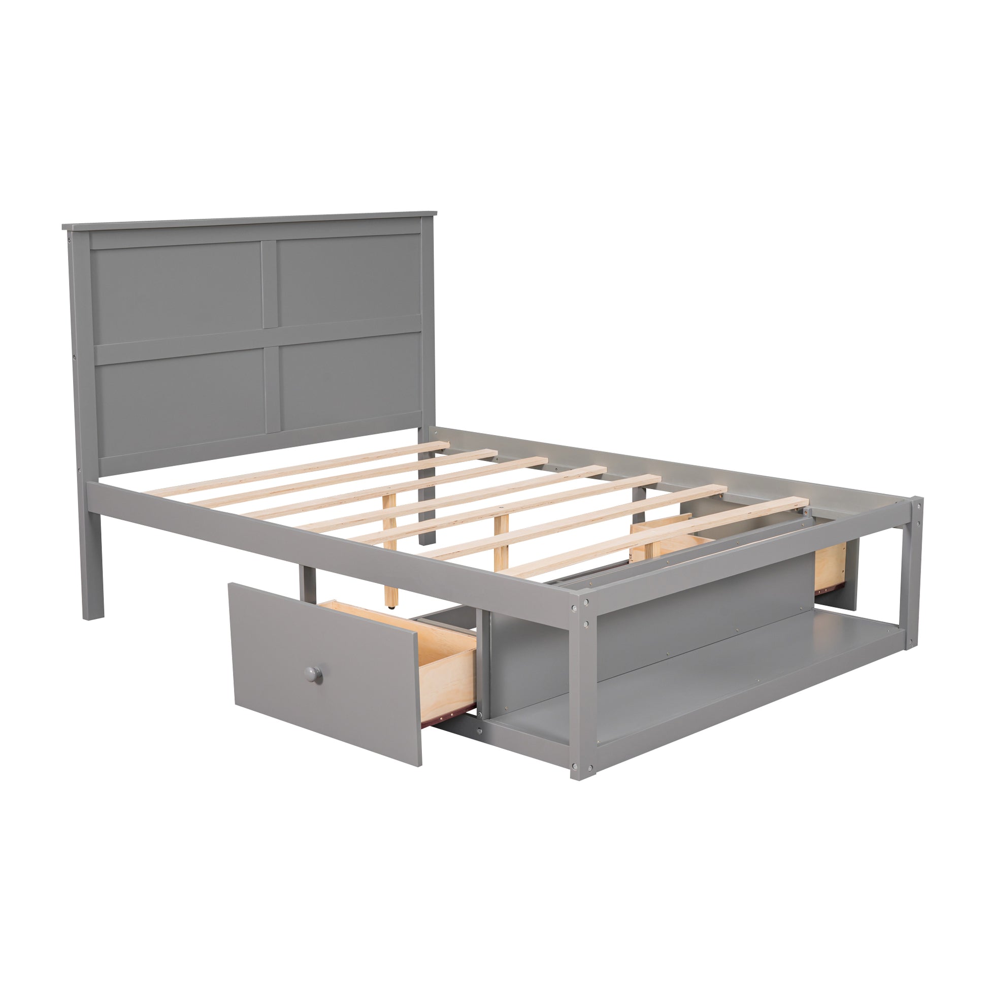 Full Size Platform Bed With Drawer On The Each Side And Shelf On The End Of The Bed, Gray Gray Pine