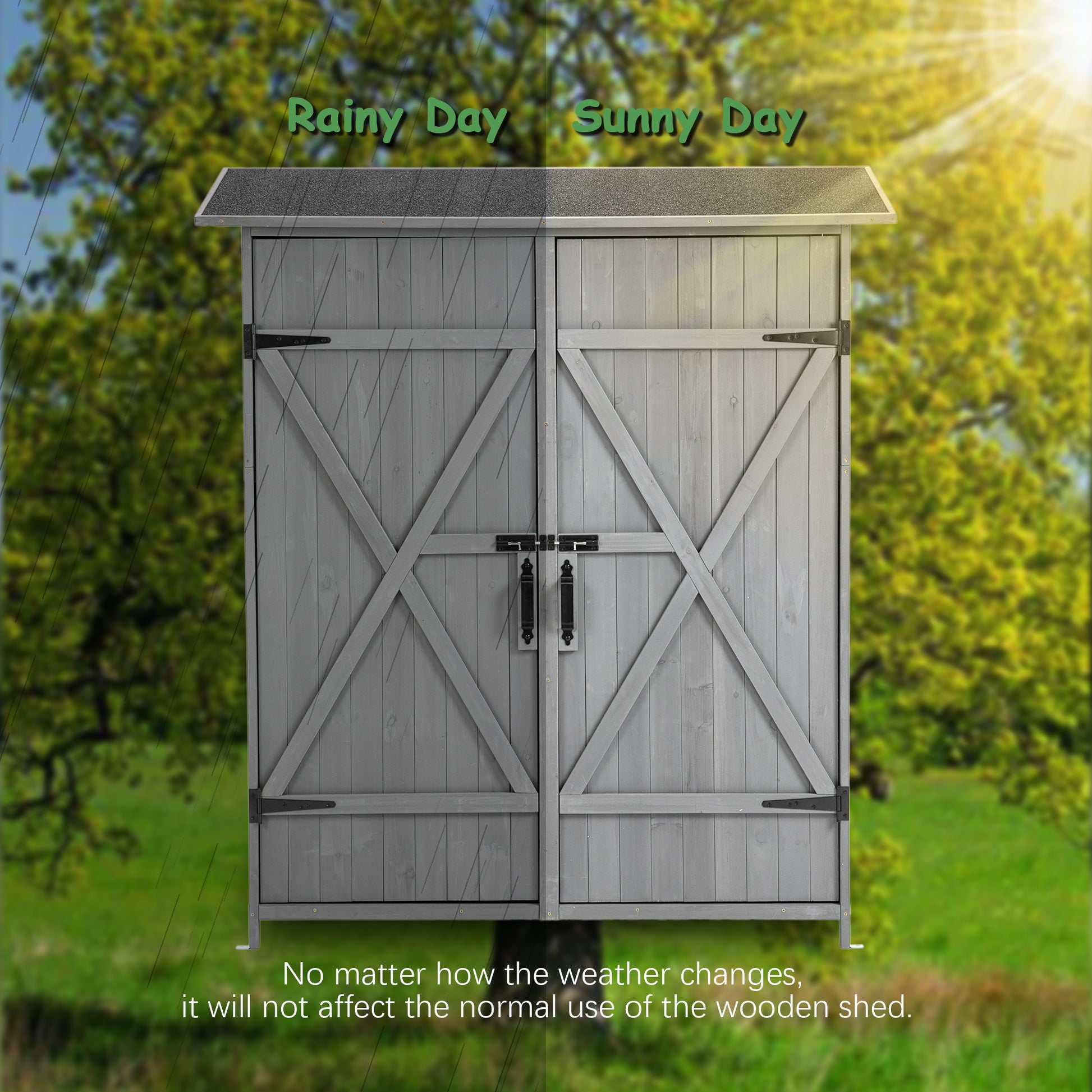 56"L X 19.5"W X 64"H Outdoor Storage Shed With Lockable Door, Wooden Tool Storage Shed W Detachable Shelves & Pitch Roof,Gray Aqua Grey Solid Wood
