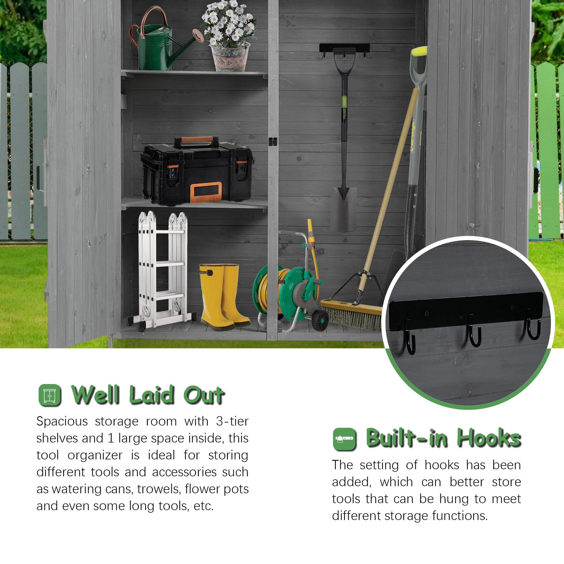 56"L X 19.5"W X 64"H Outdoor Storage Shed With Lockable Door, Wooden Tool Storage Shed W Detachable Shelves & Pitch Roof,Gray Aqua Grey Solid Wood