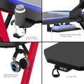 Gaming Desk, Steel Legs, Multicolored Led Lights, Cup Holder, 3 Usb Ports, Tempered Glass Accent In Red Red Metal
