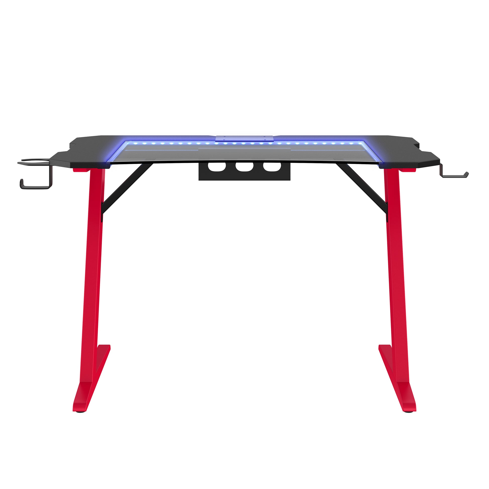 Gaming Desk, Steel Legs, Multicolored Led Lights, Cup Holder, 3 Usb Ports, Tempered Glass Accent In Red Red Metal