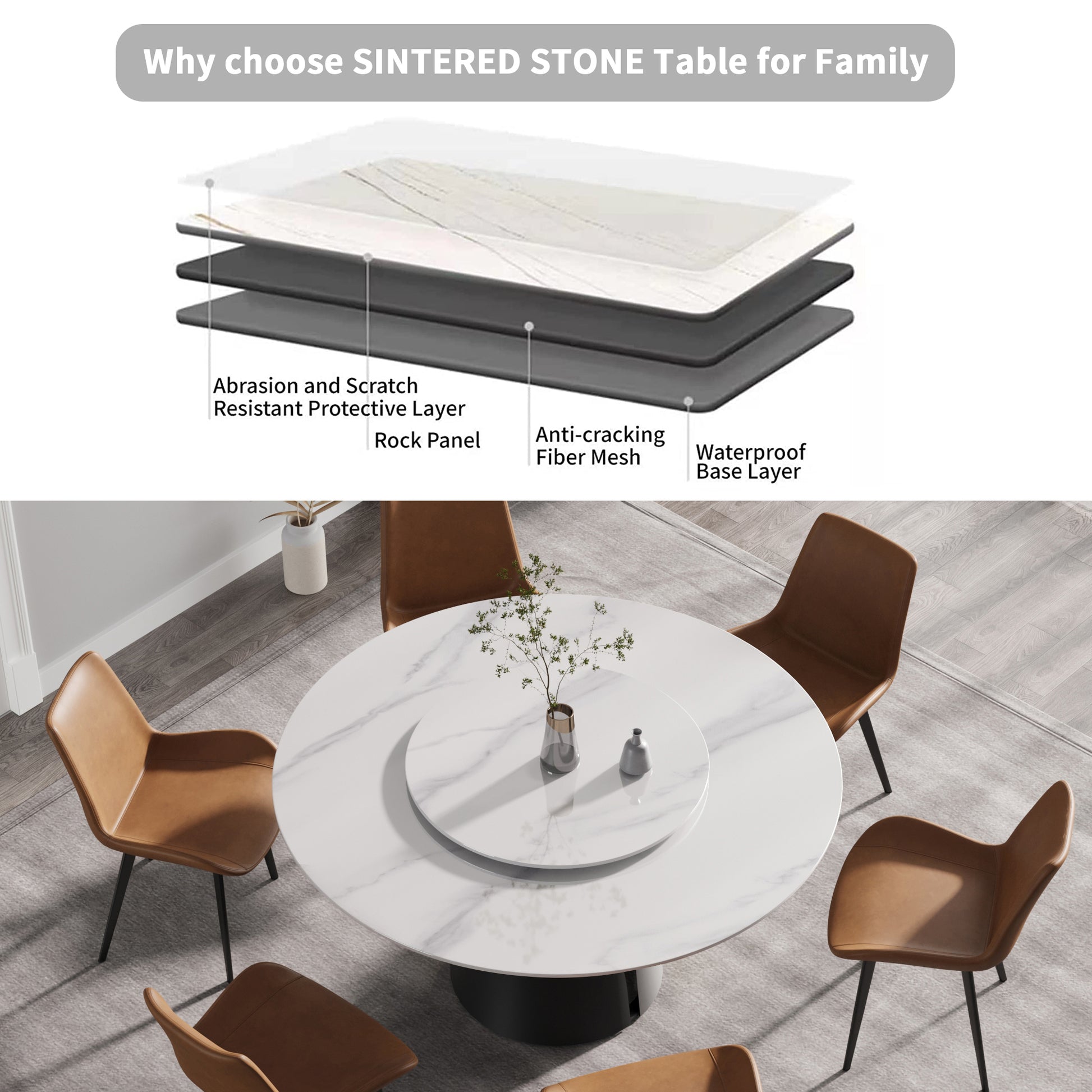 59.05"Modern Artificial Stone Round Black Carbon Steel Base Dining Table Can Accommodate 6 People 31.5"White Artificial Stone Turntable White Metal Marble