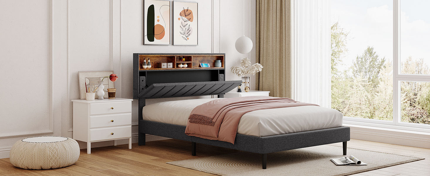 Full Size Upholstered Platform Bed With Storage Headboard And Usb Port, Linen Fabric Upholstered Bed Gray Gray Linen