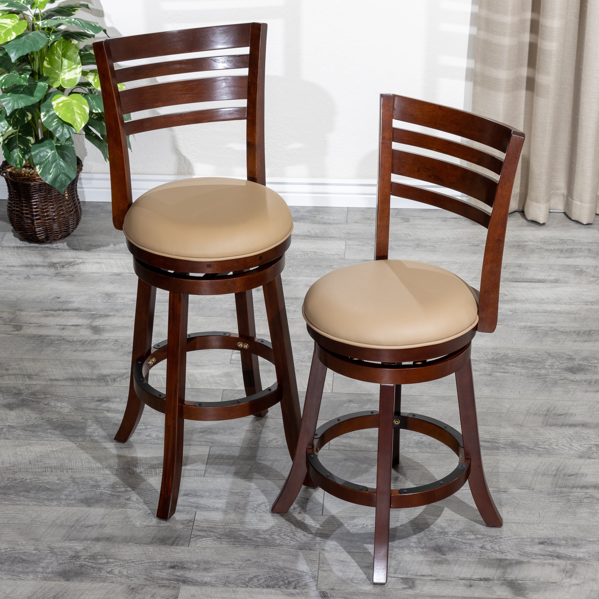 24" Counter Height Slat Back Swivel Stool, Cherry Finish, Bone Leather Seat Cherry Bonded Leather