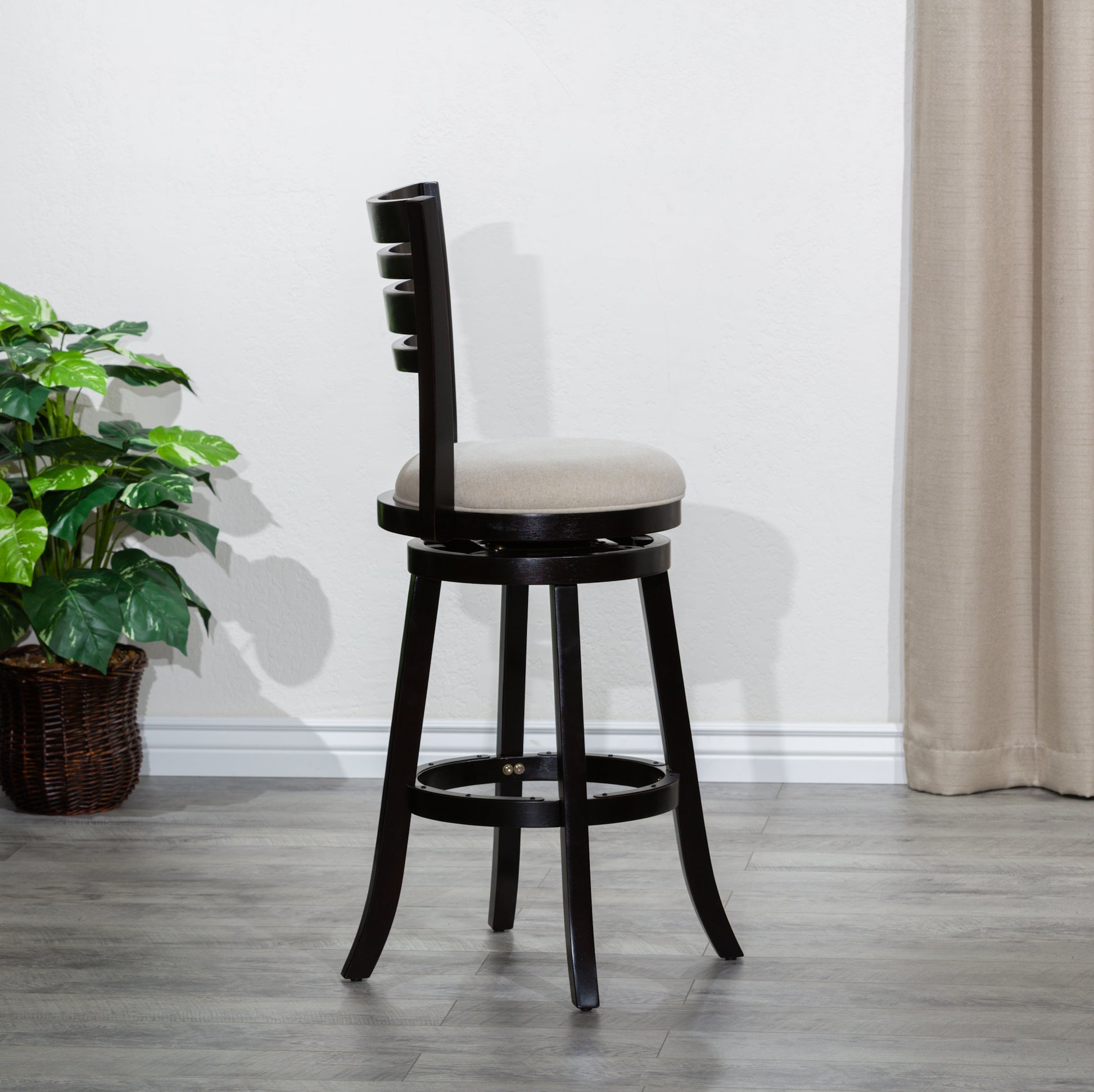 30" Bar Height Slat Back Swivel Stool, Espresso Finish, Beige Fabric Seat Espresso Fabric