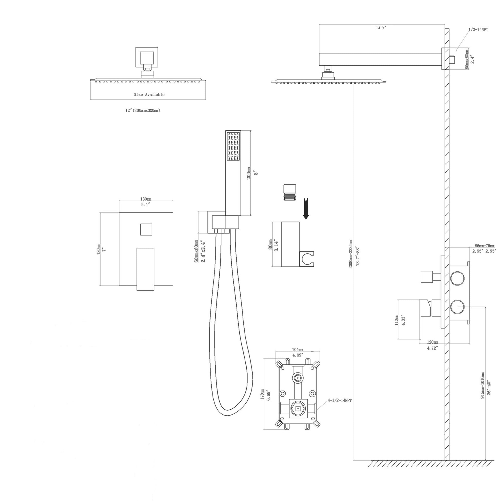 Dual Shower Head 12 Inch Wall Mounted Square Shower System With Rough In Valve, Brushed Nickel Brushed Nickel Stainless Steel