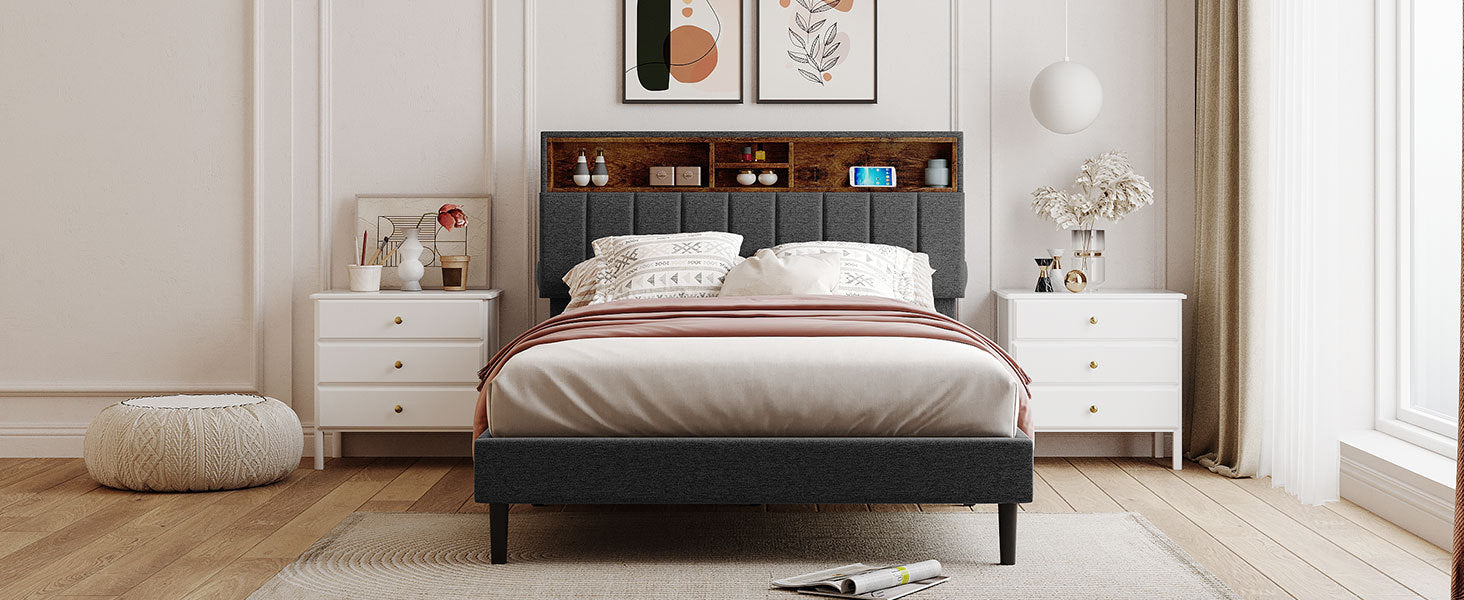 Full Size Upholstered Platform Bed With Storage Headboard And Usb Port, Linen Fabric Upholstered Bed Gray Gray Linen