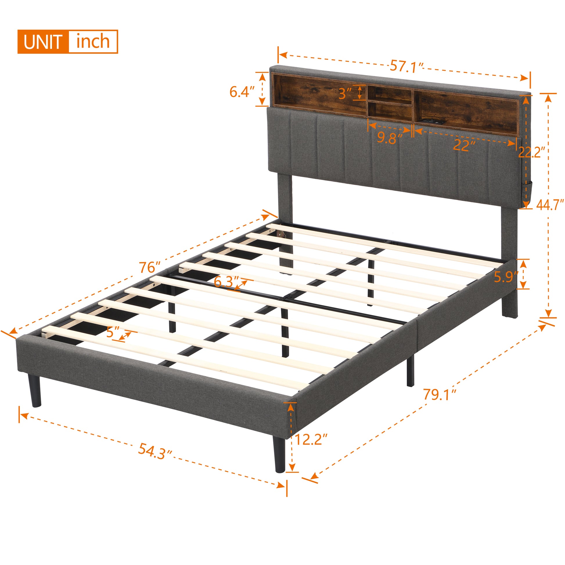 Full Size Upholstered Platform Bed With Storage Headboard And Usb Port, Linen Fabric Upholstered Bed Gray Gray Linen