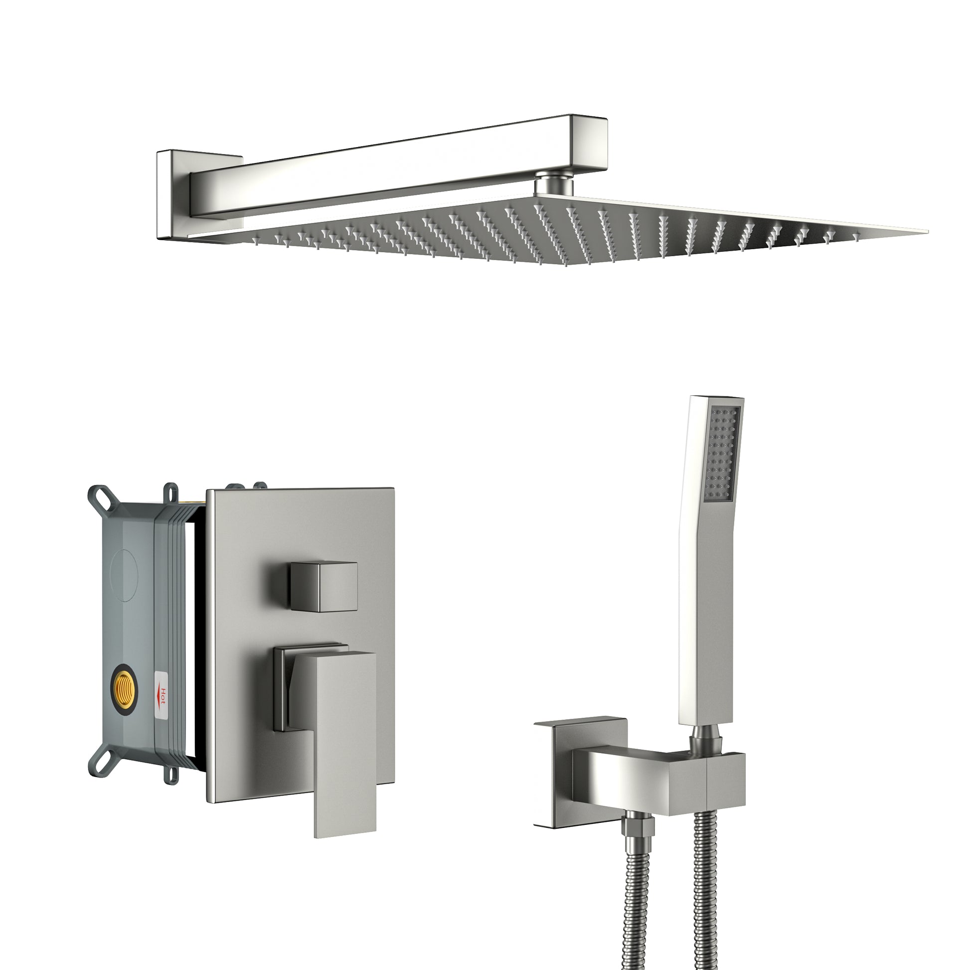 Dual Shower Head 12 Inch Wall Mounted Square Shower System With Rough In Valve, Brushed Nickel Brushed Nickel Stainless Steel