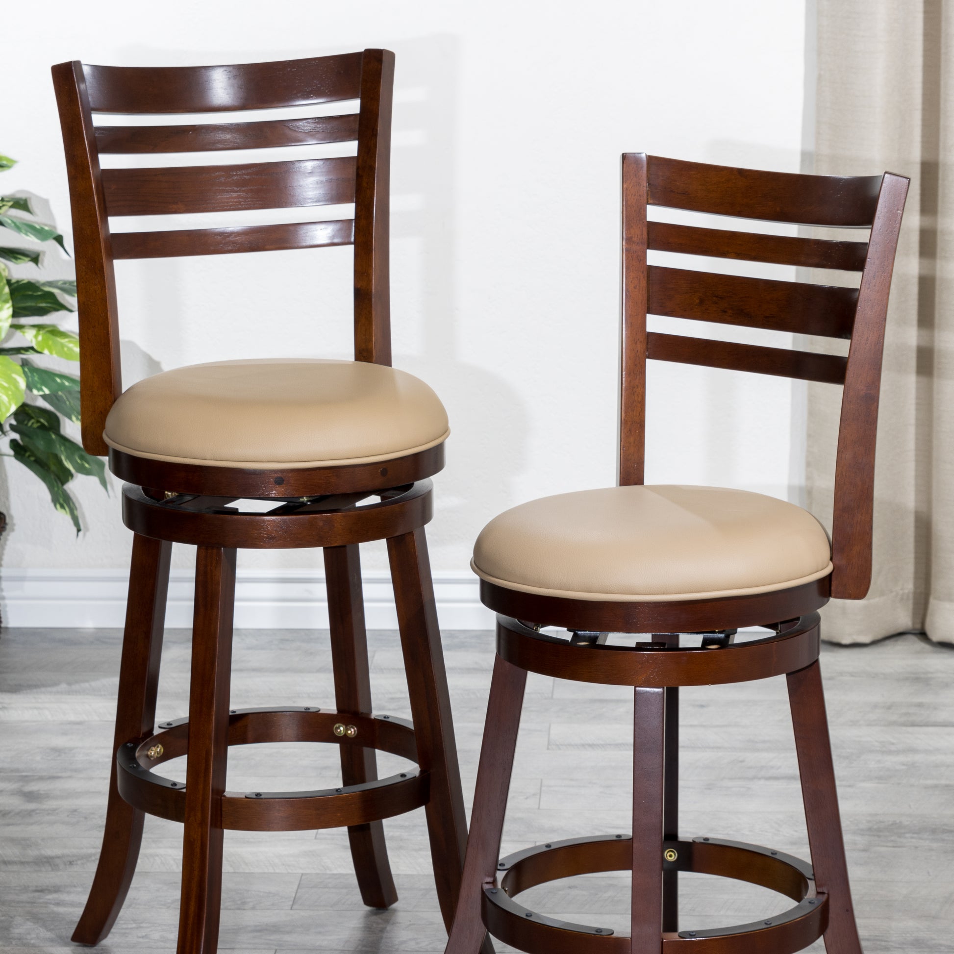24" Counter Height Slat Back Swivel Stool, Cherry Finish, Bone Leather Seat Cherry Bonded Leather