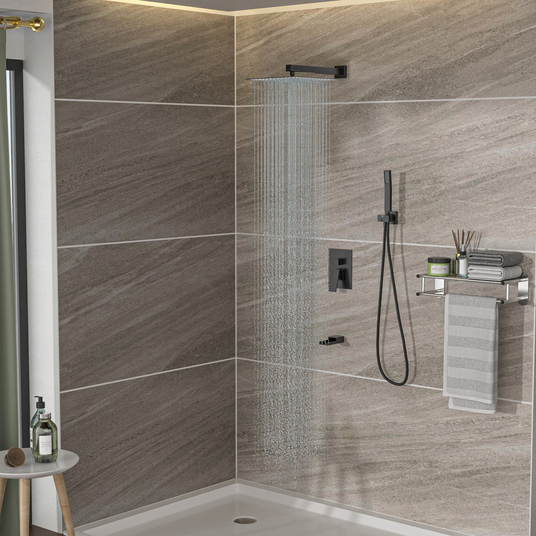 Shower System With Waterfall Tub Spout,10 Inch Wall Mounted Square Shower System With Rough In Valve,Matte Black Matte Black Stainless Steel