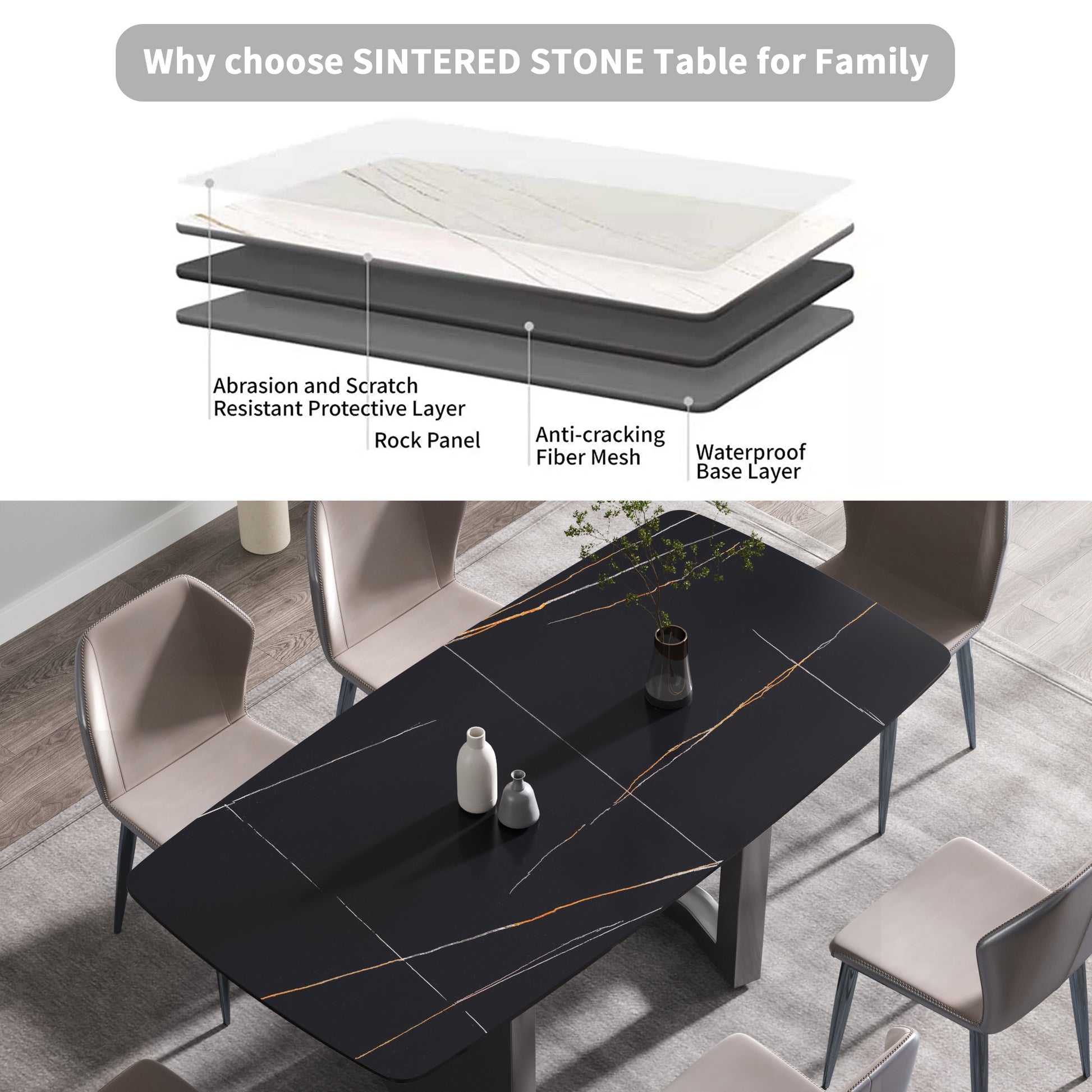 70.87"Modern Artificial Stone Black Curved Black Metal Leg Dining Table Can Accommodate 6 8 People Black Metal Sintered Stone