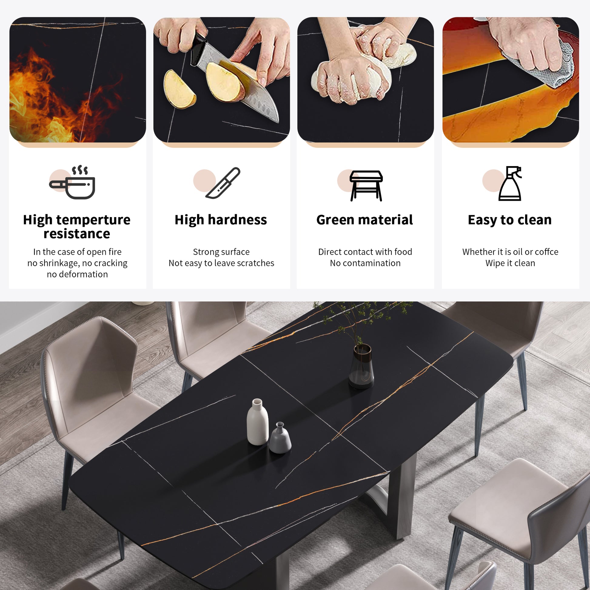 70.87"Modern Artificial Stone Black Curved Black Metal Leg Dining Table Can Accommodate 6 8 People Black Metal Sintered Stone