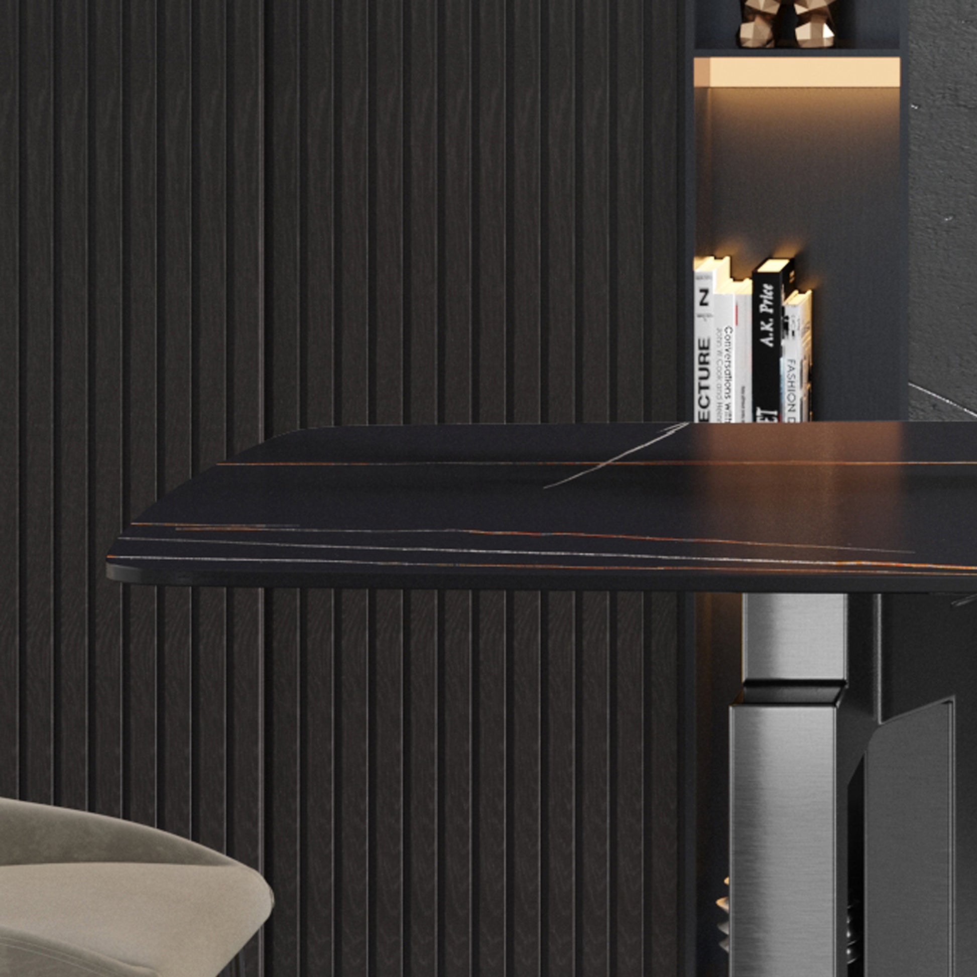 70.87"Modern Artificial Stone Black Curved Black Metal Leg Dining Table Can Accommodate 6 8 People Black Metal Sintered Stone