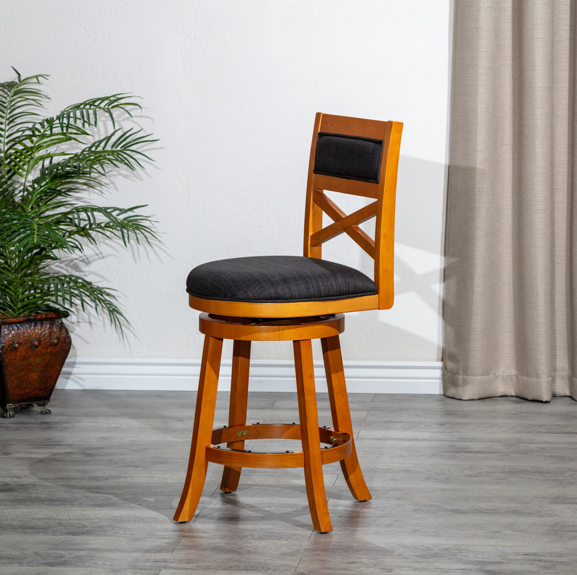 30" Bar Height X Back Swivel Stool, Natural Finish, Charcoal Fabric Seat Natural Fabric