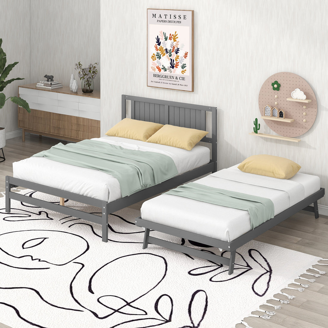Full Size Platform Bed With Adjustable Trundle,Gray Old Sku:Sm000248Aae Gray Pine