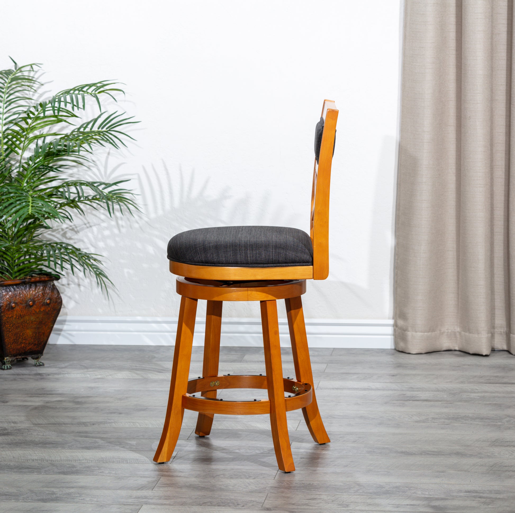 30" Bar Height X Back Swivel Stool, Natural Finish, Charcoal Fabric Seat Natural Fabric
