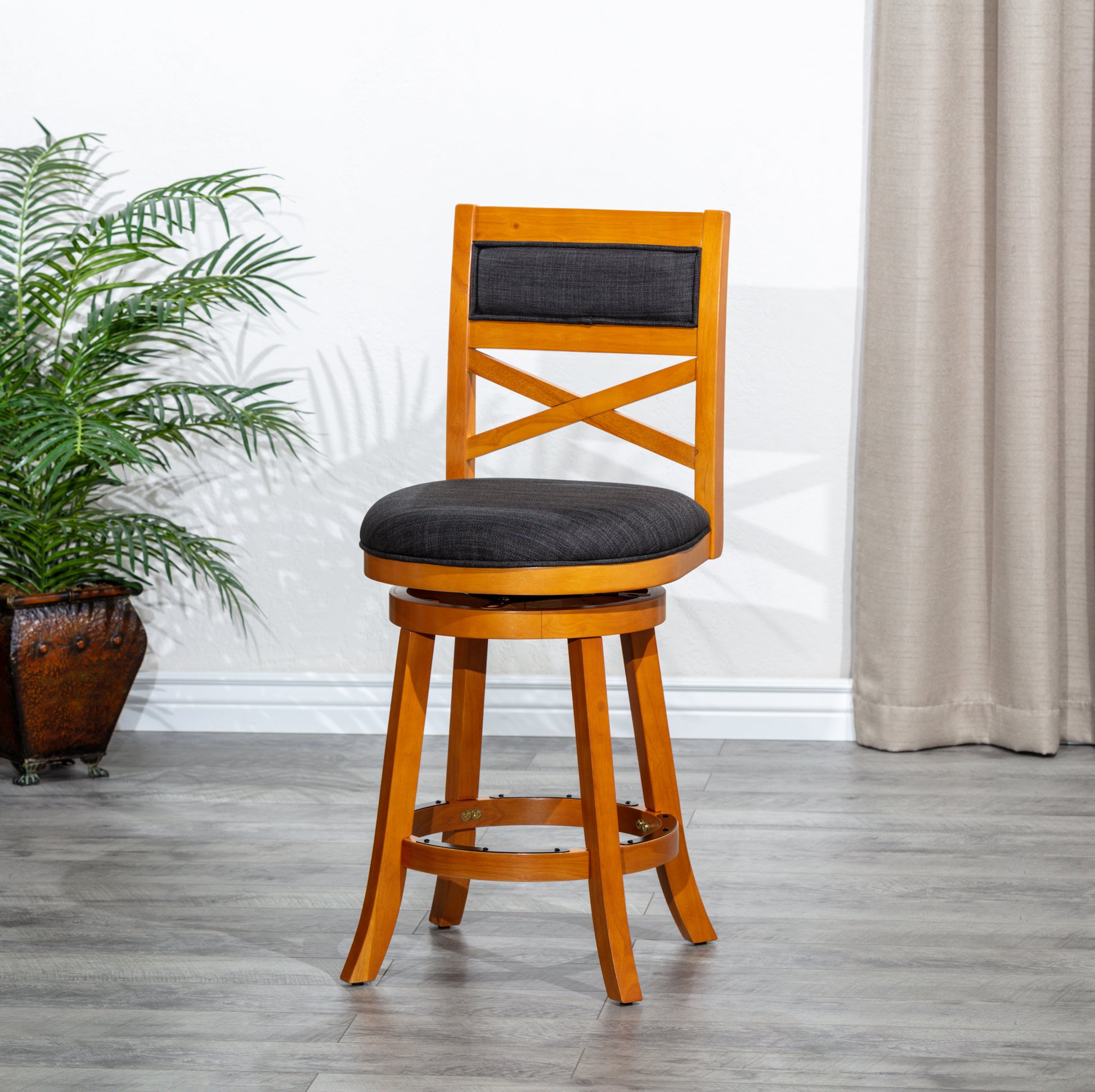 30" Bar Height X Back Swivel Stool, Natural Finish, Charcoal Fabric Seat Natural Fabric