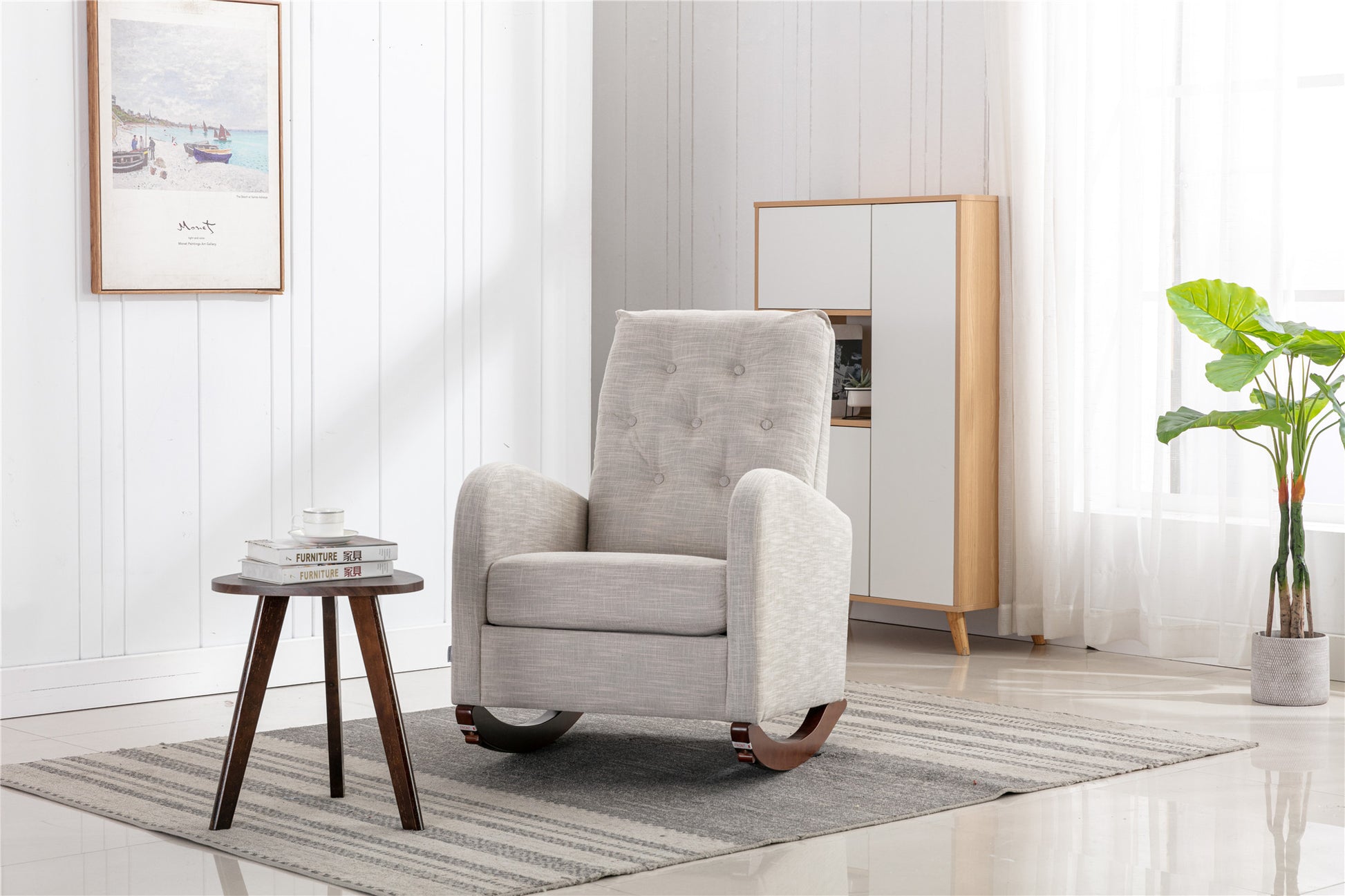 High Back Rocking Chair Nursery Chair .Comfortable Rocker Fabric Padded Seat .Modern High Back Armchair Light Gray Polyester