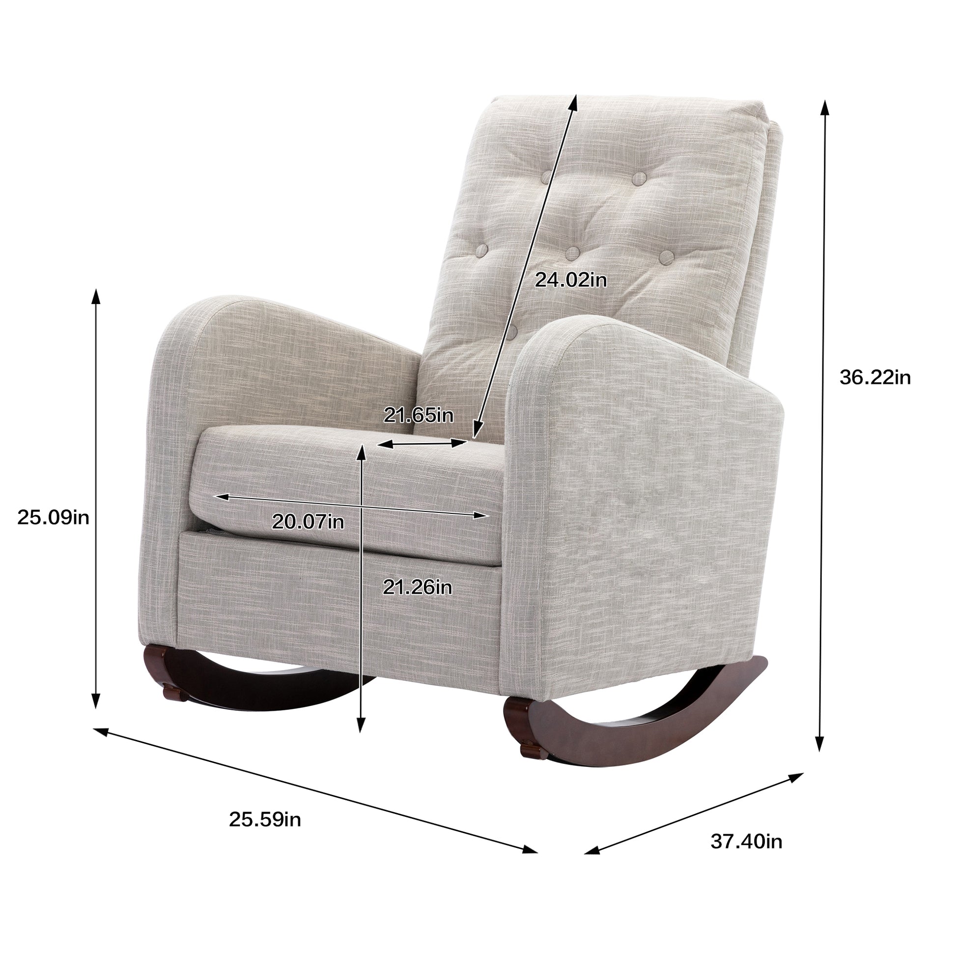 High Back Rocking Chair Nursery Chair .Comfortable Rocker Fabric Padded Seat .Modern High Back Armchair Light Gray Polyester