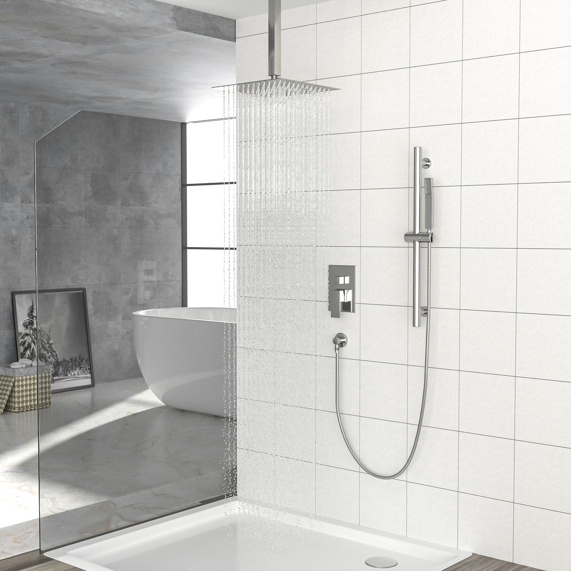 Shower System With Adjustable Slide Bar,16 Inch Ceiling Mounted Square Shower System With Rough In Valve, Brushed Nickel Brushed Nickel Stainless Steel
