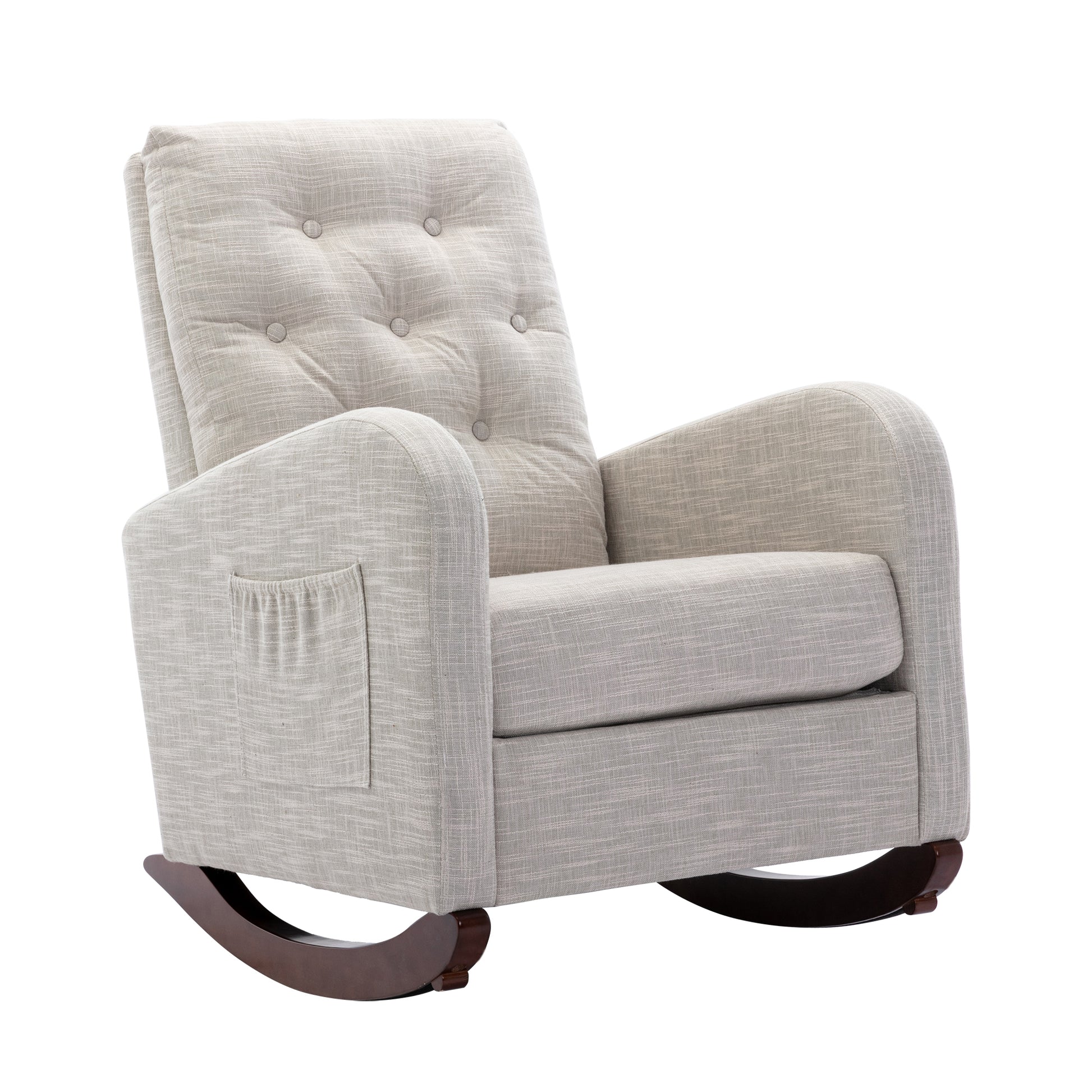 High Back Rocking Chair Nursery Chair .Comfortable Rocker Fabric Padded Seat .Modern High Back Armchair Light Gray Polyester