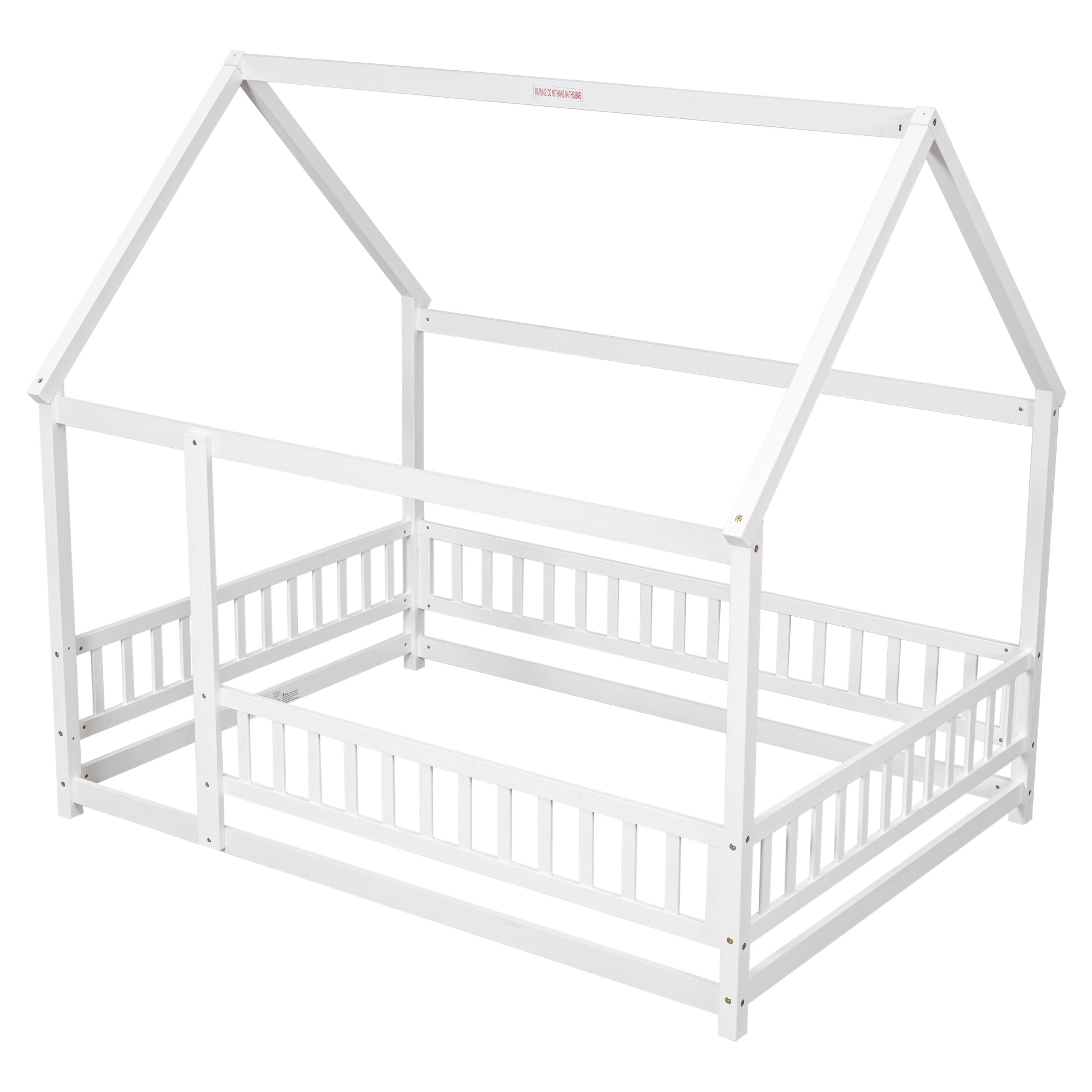 Full Size Floor Wooden Bed With House Roof Frame, Fence Guardrails ,White Old Sku:W50471475 Full White Pine