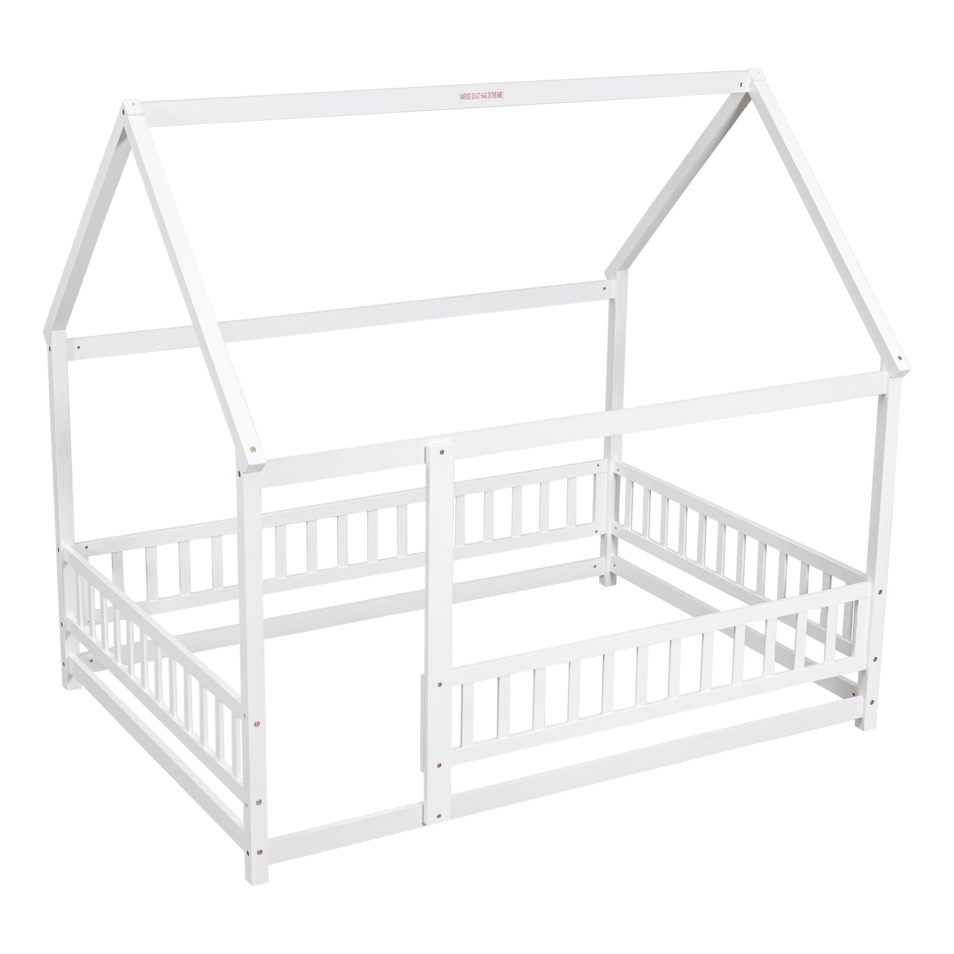 Full Size Floor Wooden Bed With House Roof Frame, Fence Guardrails ,White Old Sku:W50471475 Full White Pine
