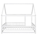 Full Size Floor Wooden Bed With House Roof Frame, Fence Guardrails ,White Old Sku:W50471475 Full White Pine