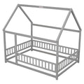 Full Size Floor Wooden Bed With House Roof Frame, Fence Guardrails ,Grey Old Sku:W50471474 Full Grey Pine