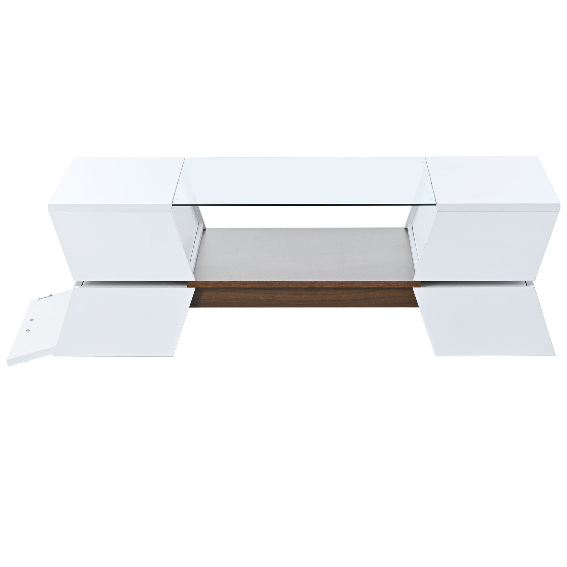 6Mm Glass Top Coffee Table With Open Shelves And Cabinets, Geometric Style Cocktail Table With Great Storage Capacity, Modernist 2 Tier Center Table For Living Room, White White Particle Board