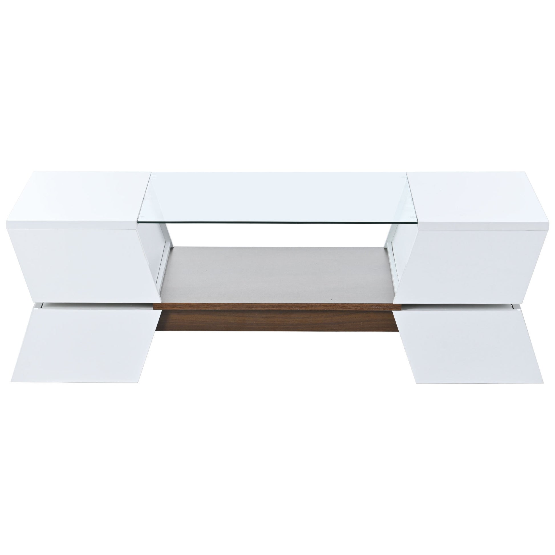 6Mm Glass Top Coffee Table With Open Shelves And Cabinets, Geometric Style Cocktail Table With Great Storage Capacity, Modernist 2 Tier Center Table For Living Room, White White Particle Board