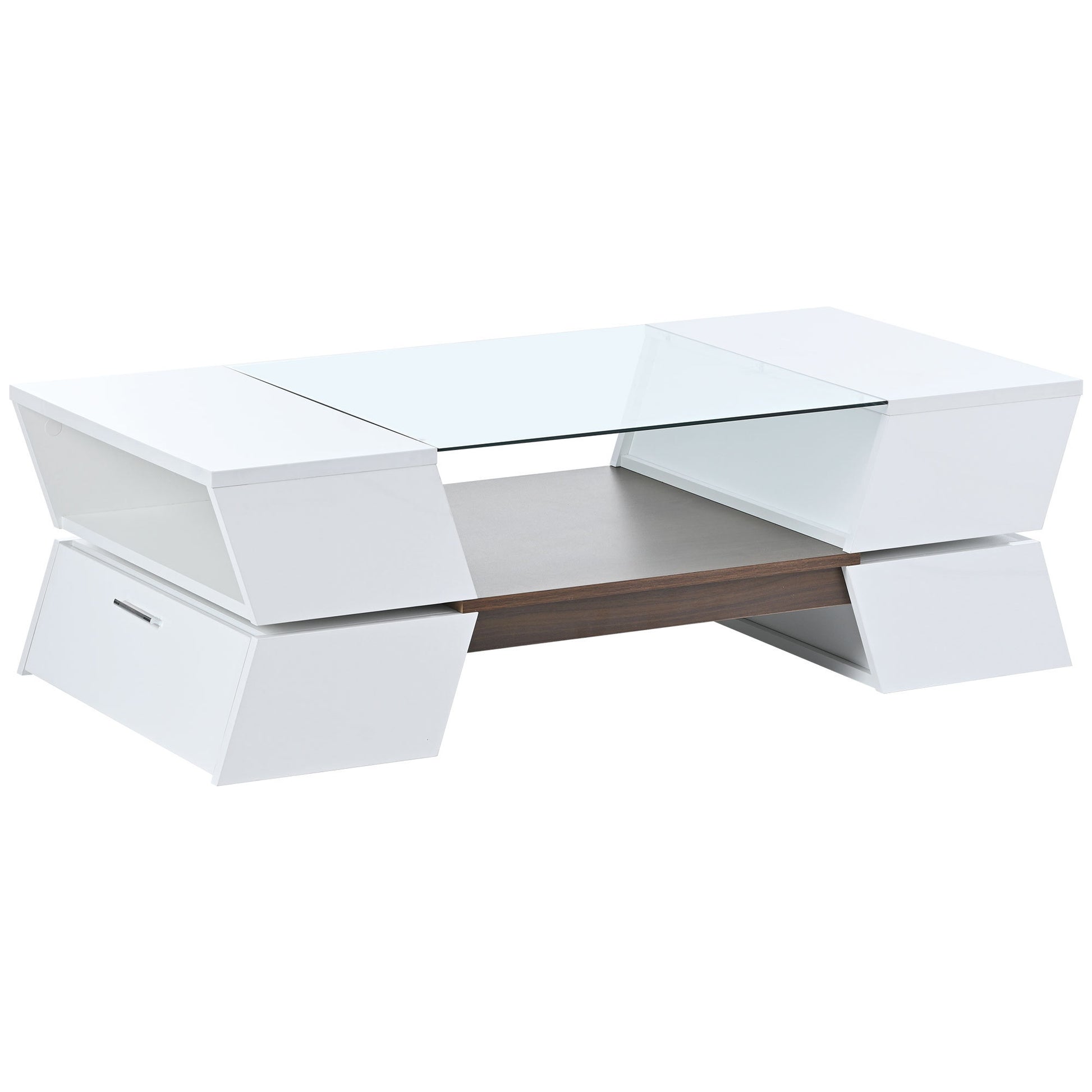 6Mm Glass Top Coffee Table With Open Shelves And Cabinets, Geometric Style Cocktail Table With Great Storage Capacity, Modernist 2 Tier Center Table For Living Room, White White Particle Board