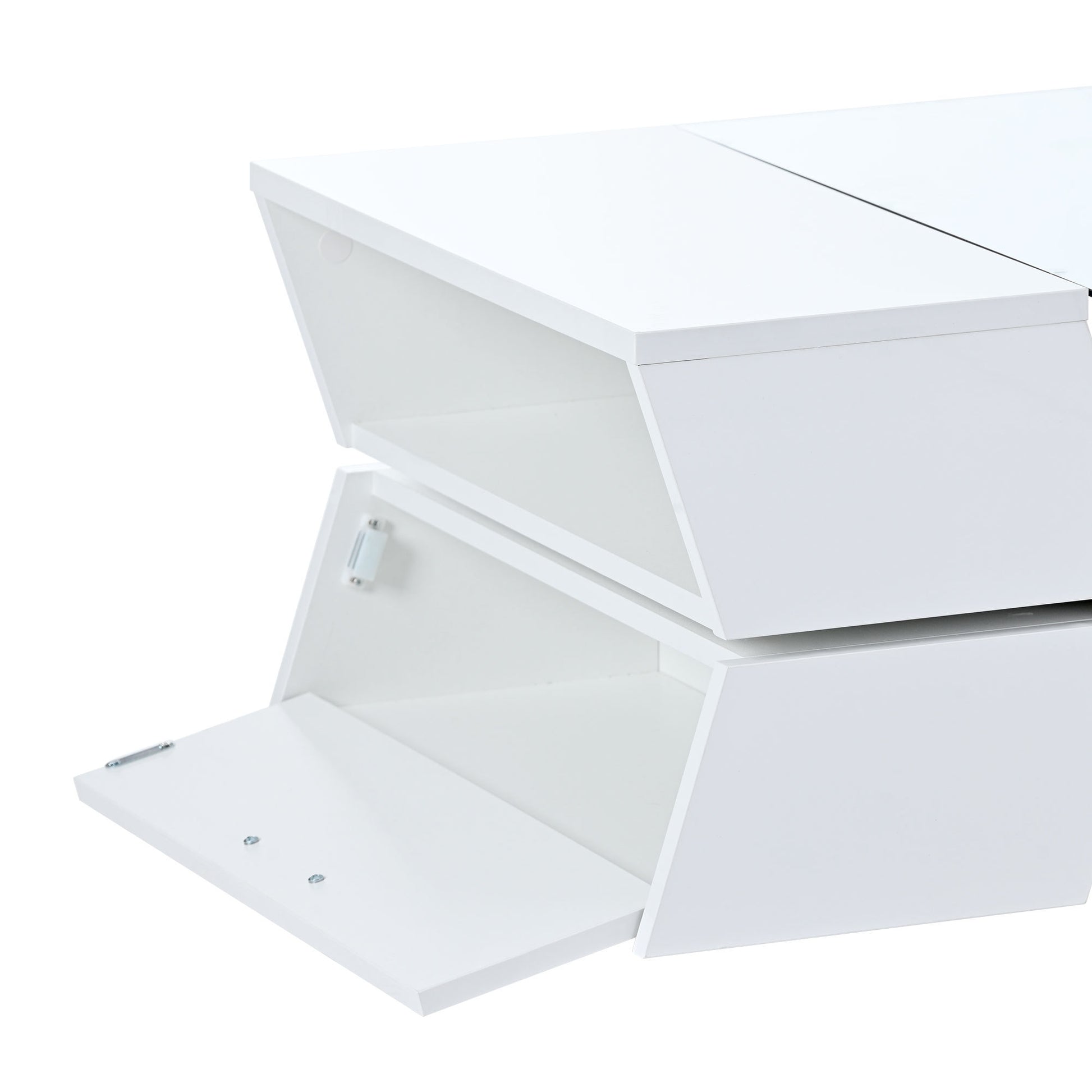 6Mm Glass Top Coffee Table With Open Shelves And Cabinets, Geometric Style Cocktail Table With Great Storage Capacity, Modernist 2 Tier Center Table For Living Room, White White Particle Board