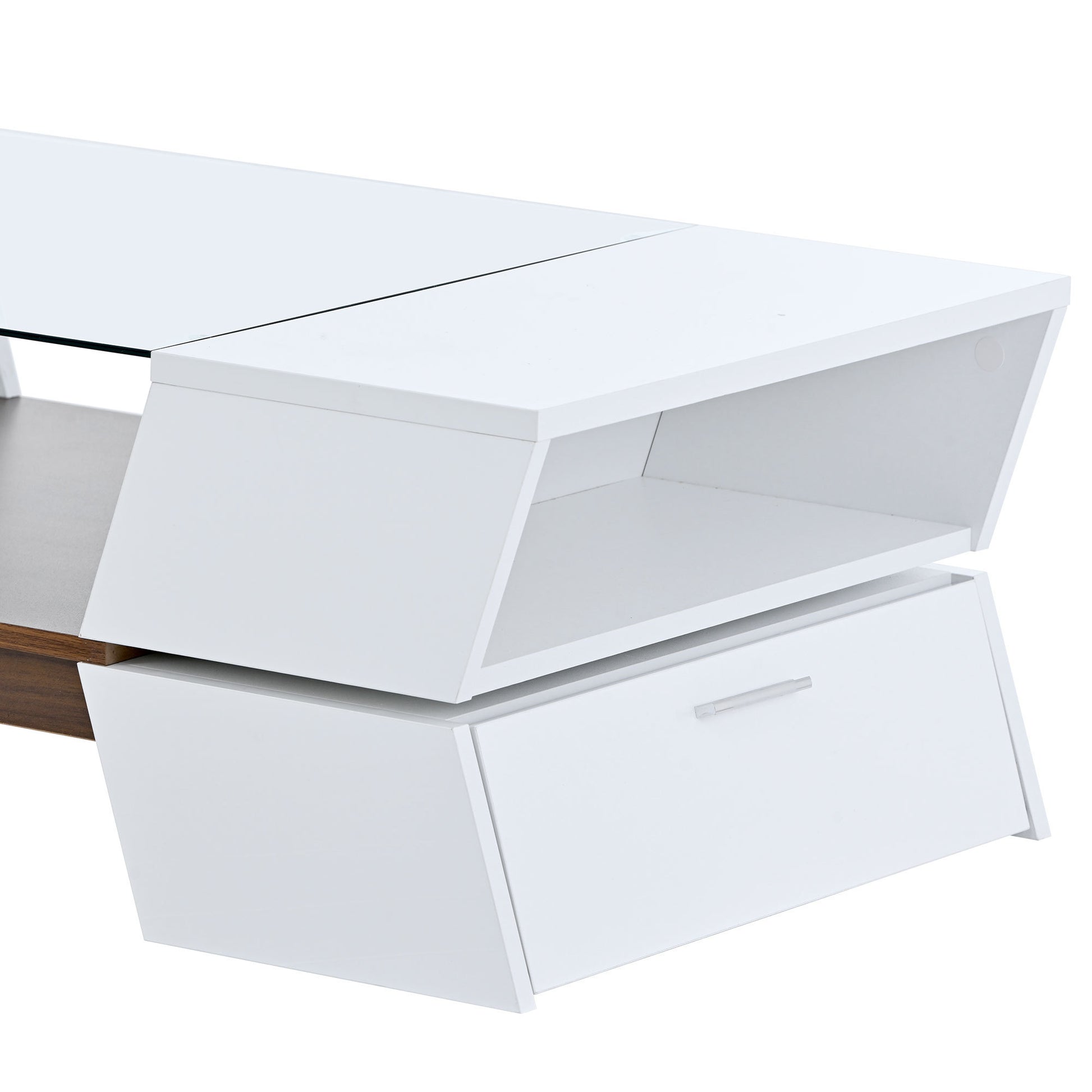 6Mm Glass Top Coffee Table With Open Shelves And Cabinets, Geometric Style Cocktail Table With Great Storage Capacity, Modernist 2 Tier Center Table For Living Room, White White Particle Board