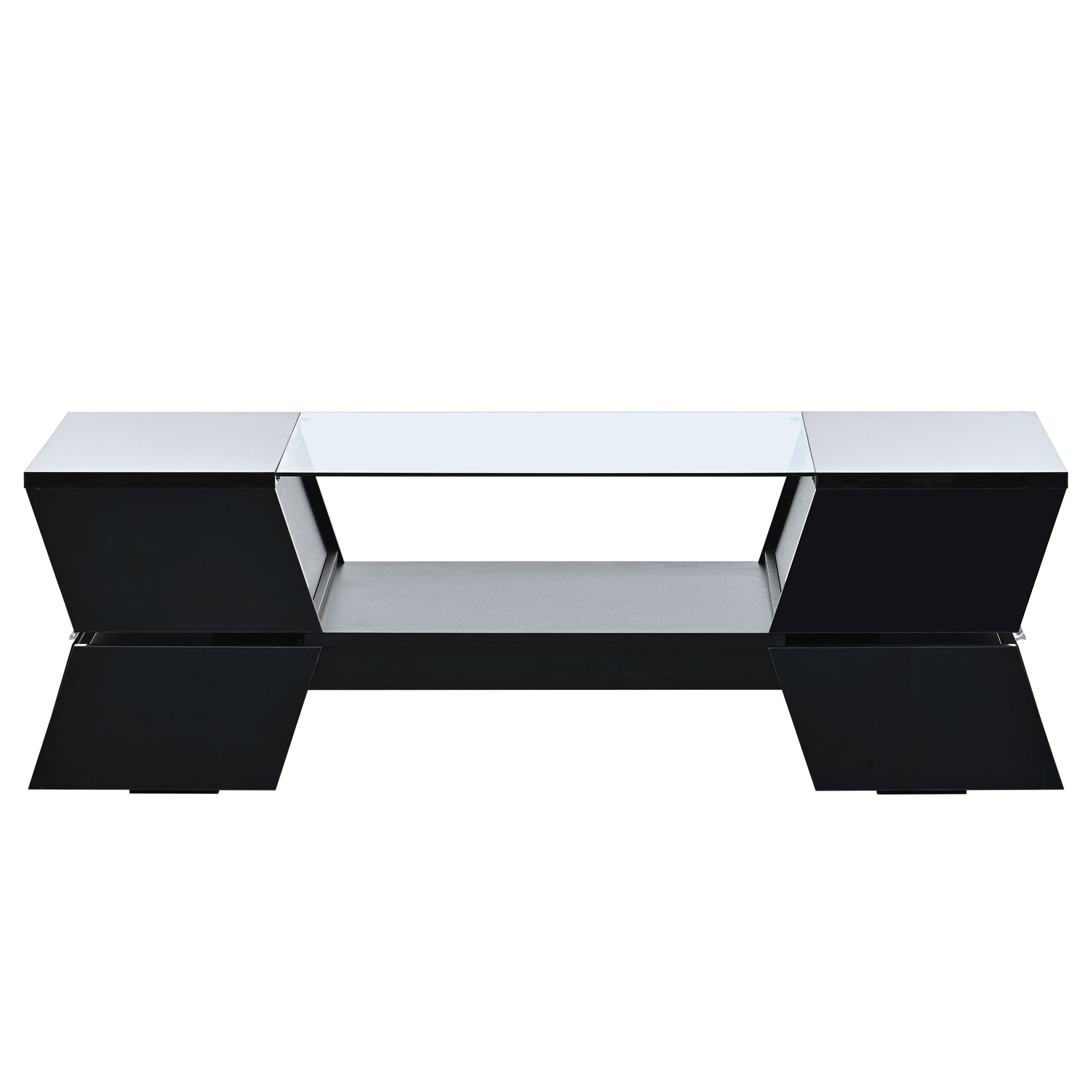 6Mm Glass Top Coffee Table With Open Shelves And Cabinets, Geometric Style Cocktail Table With Great Storage Capacity, Modernist 2 Tier Center Table For Living Room, Black Black Particle Board