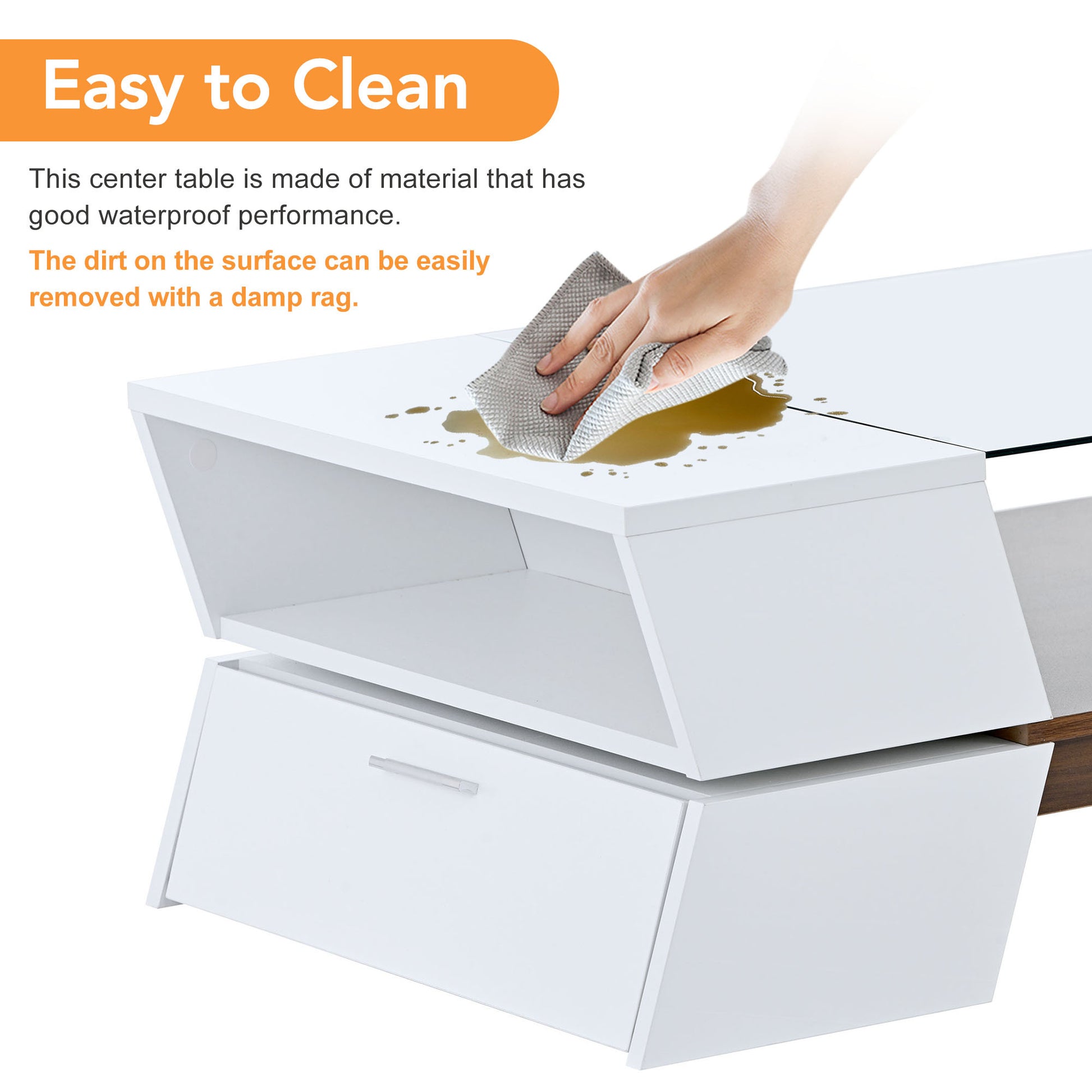 6Mm Glass Top Coffee Table With Open Shelves And Cabinets, Geometric Style Cocktail Table With Great Storage Capacity, Modernist 2 Tier Center Table For Living Room, White White Particle Board