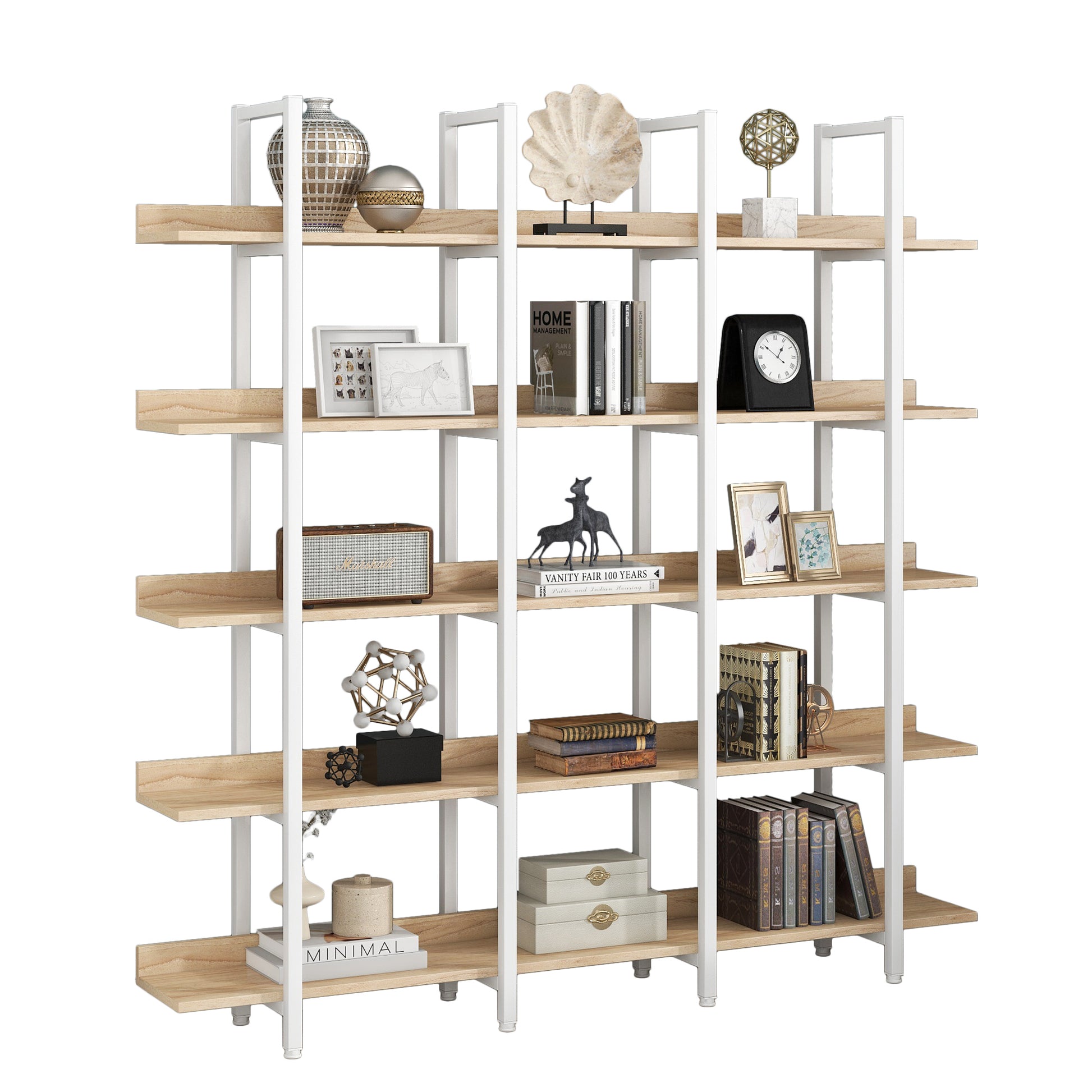 5 Tier Bookcase Home Office Open Bookshelf, Vintage Industrial Style Shelf, Mdf Board, White Metal Frame, Oak White Oak Mdf Steel